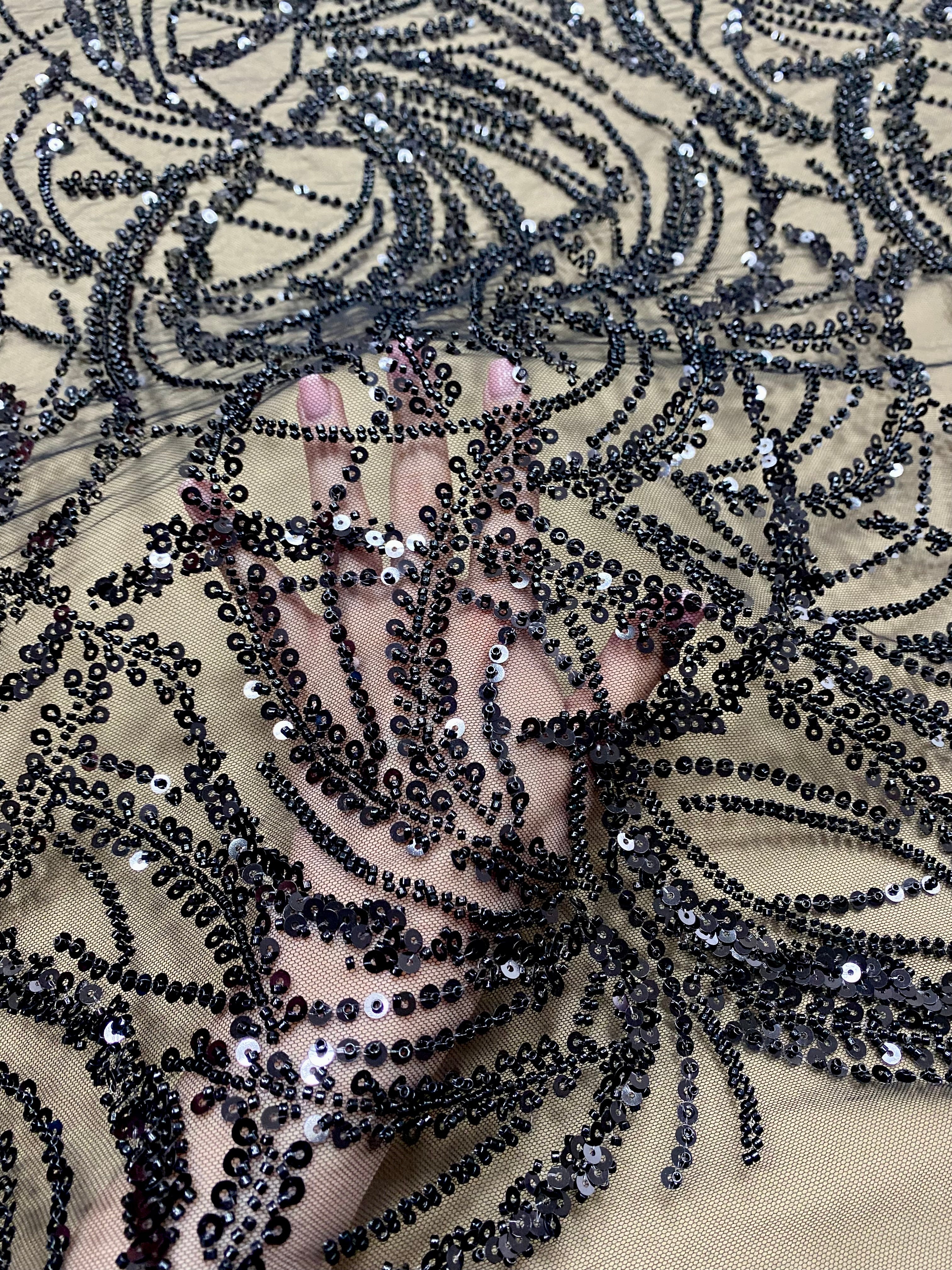 Black Couture Lace with Geometric Pattern, Beads and Sequins