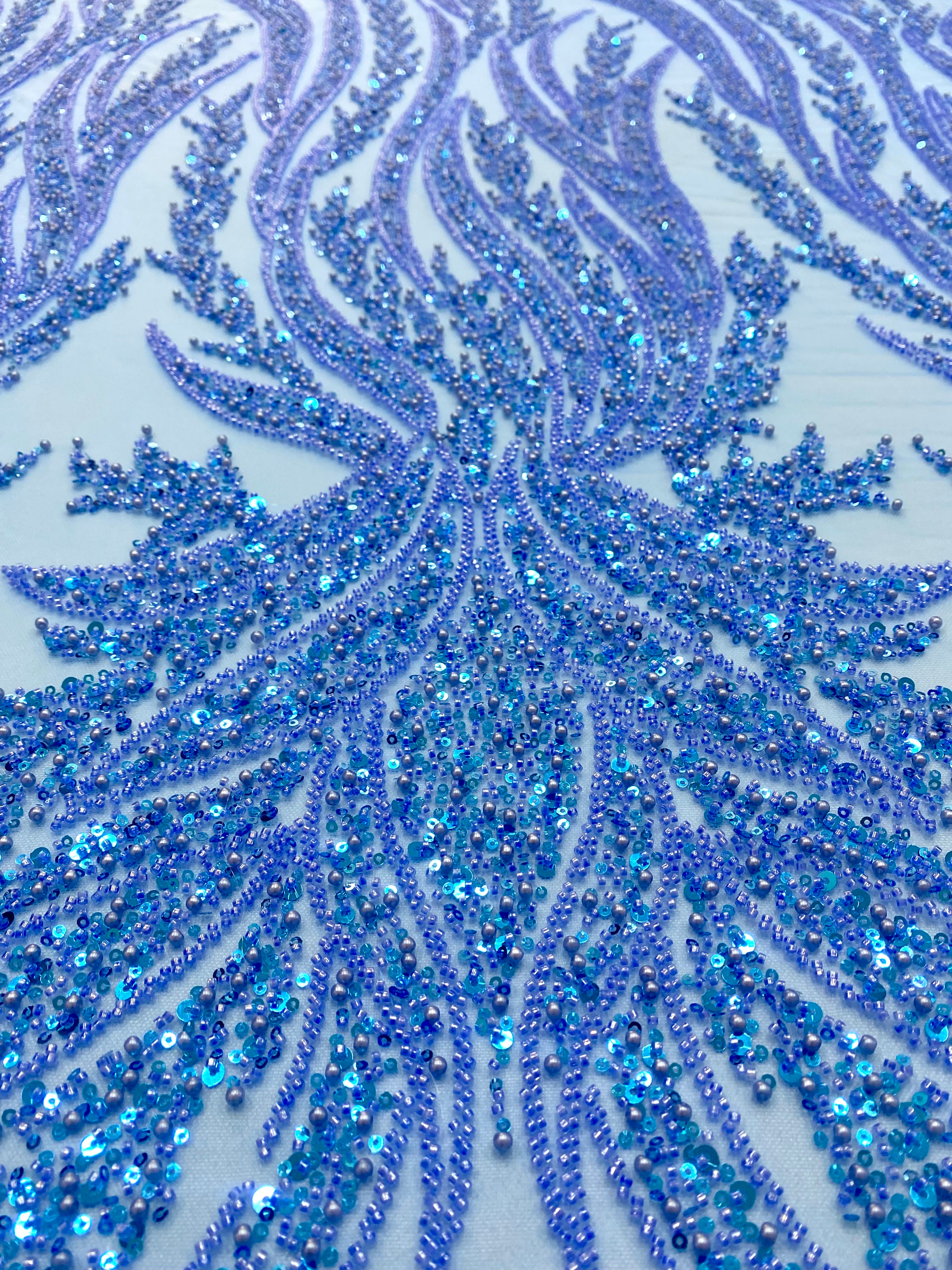 Silver Couture Lace on Blue Tulle, with Symmetrical Pattern, with Beads and Sequins 