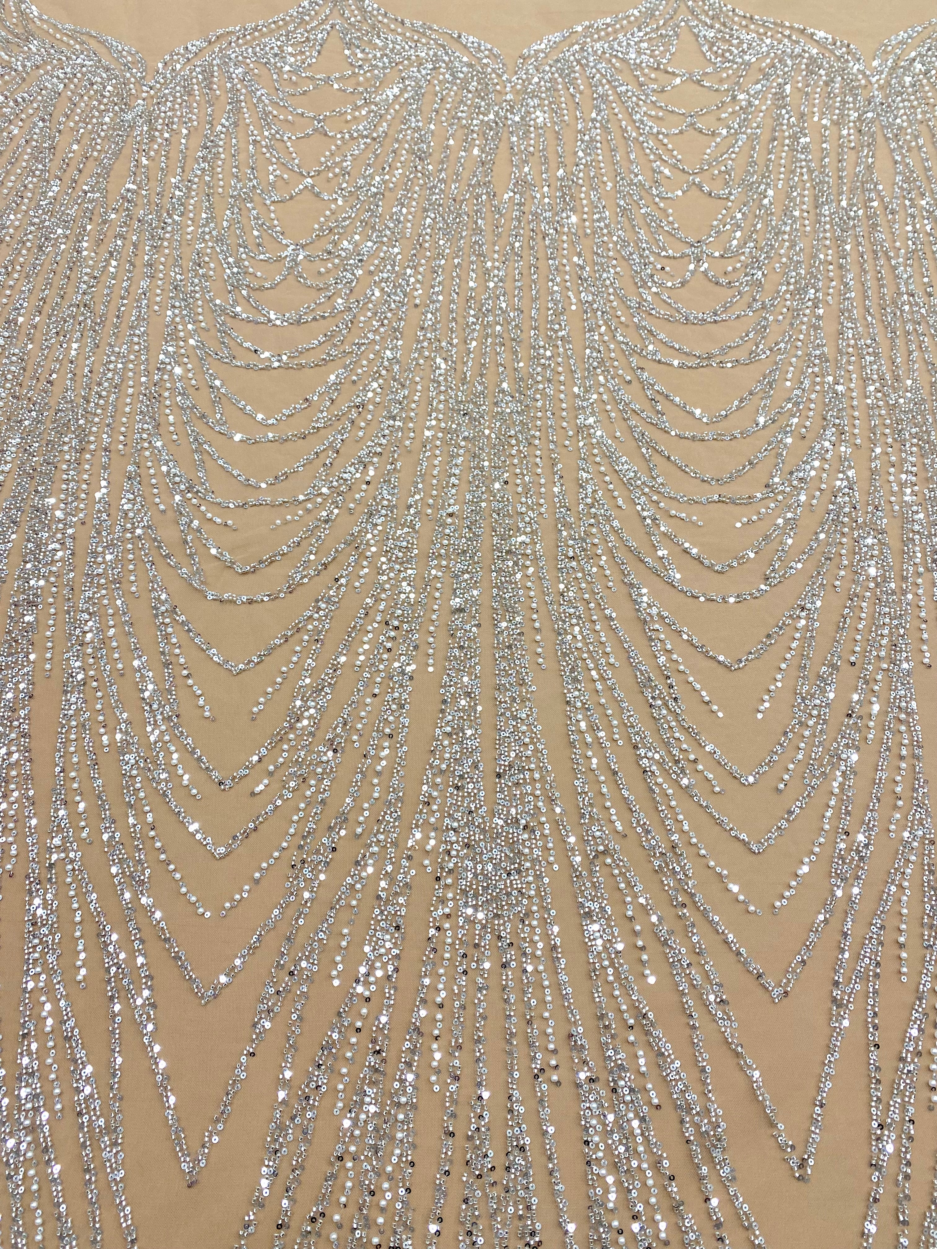 Silver Couture Lace on Nude Tulle with Linear Pattern, with Beads and Sequins