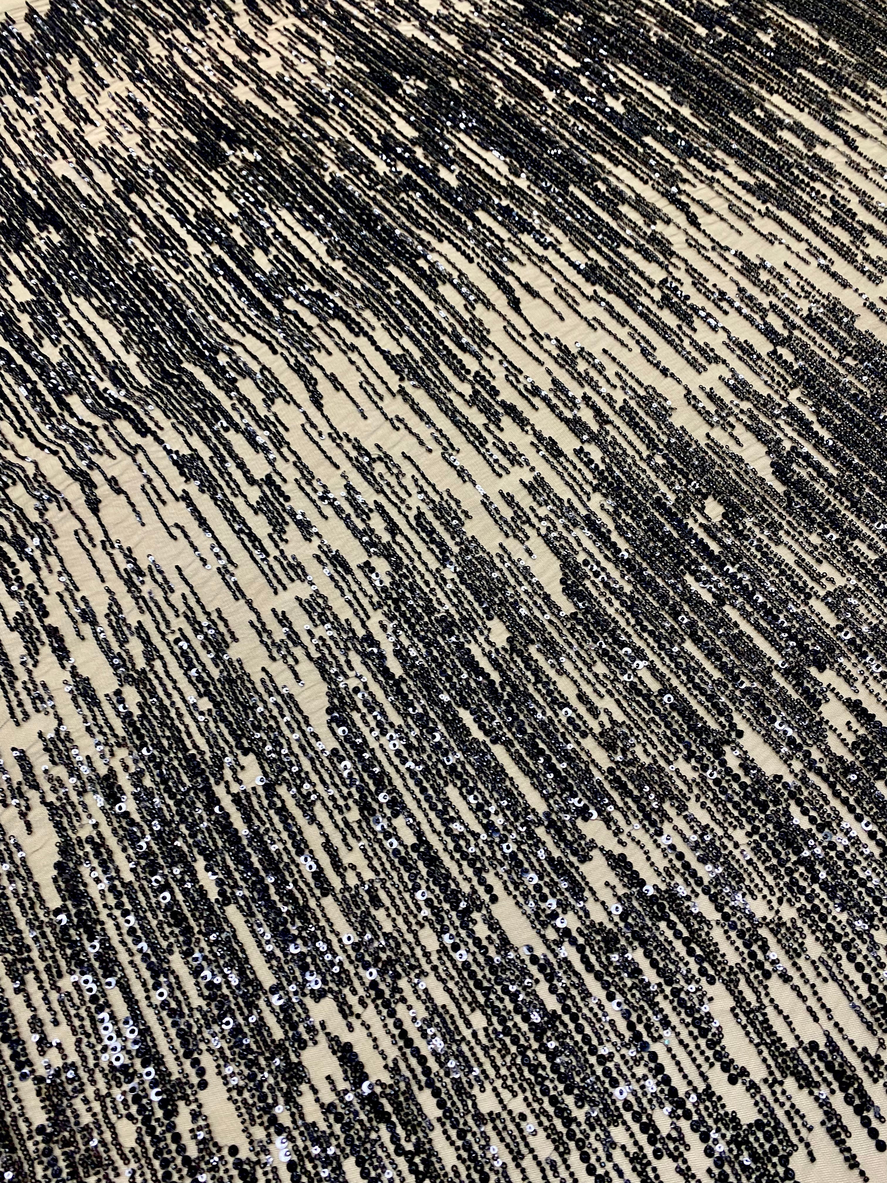 Black Lace with Linear Pattern, with Pearls and Sequins