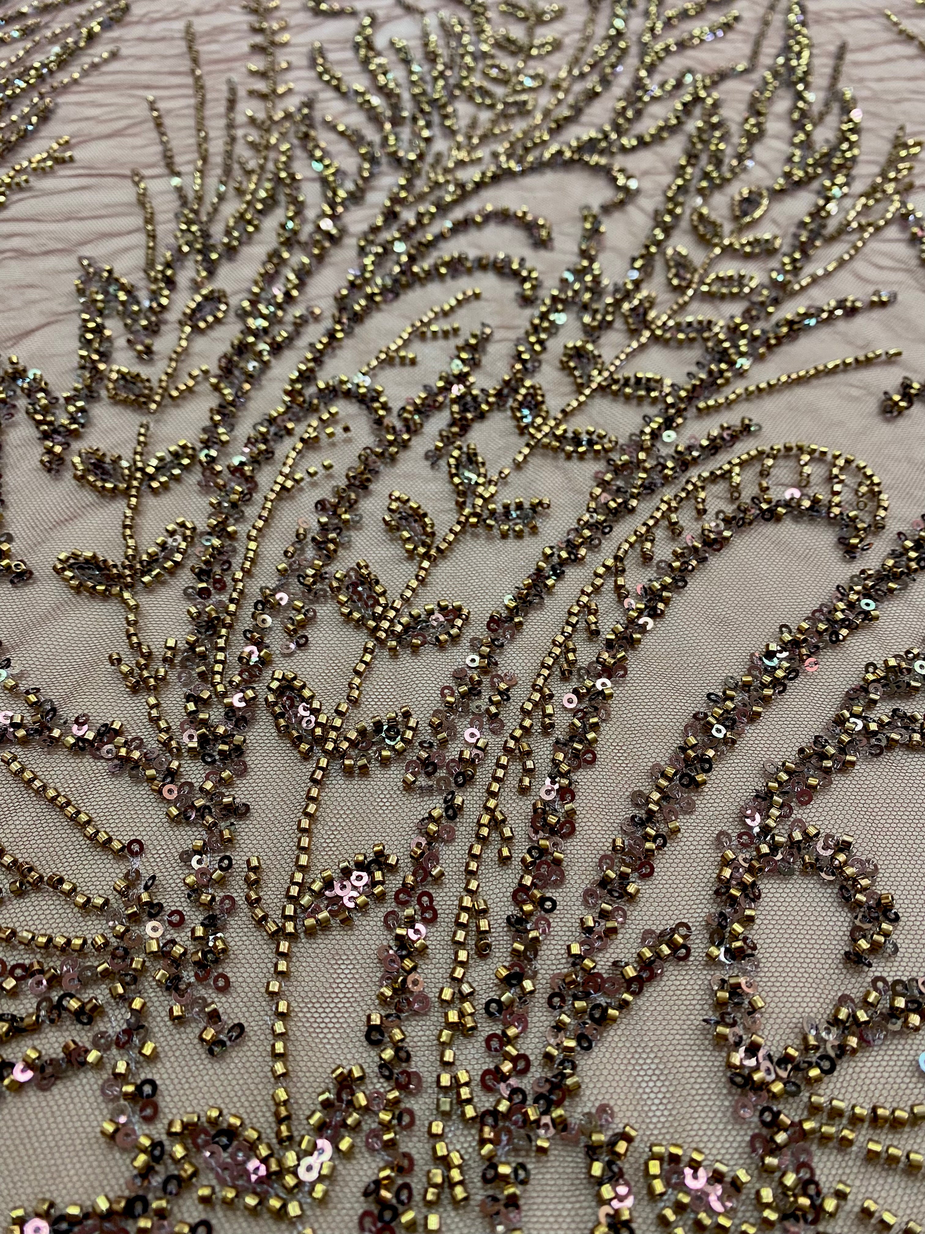 Antique Gold Couture Lace with Floral Pattern, Beads and Sequins 