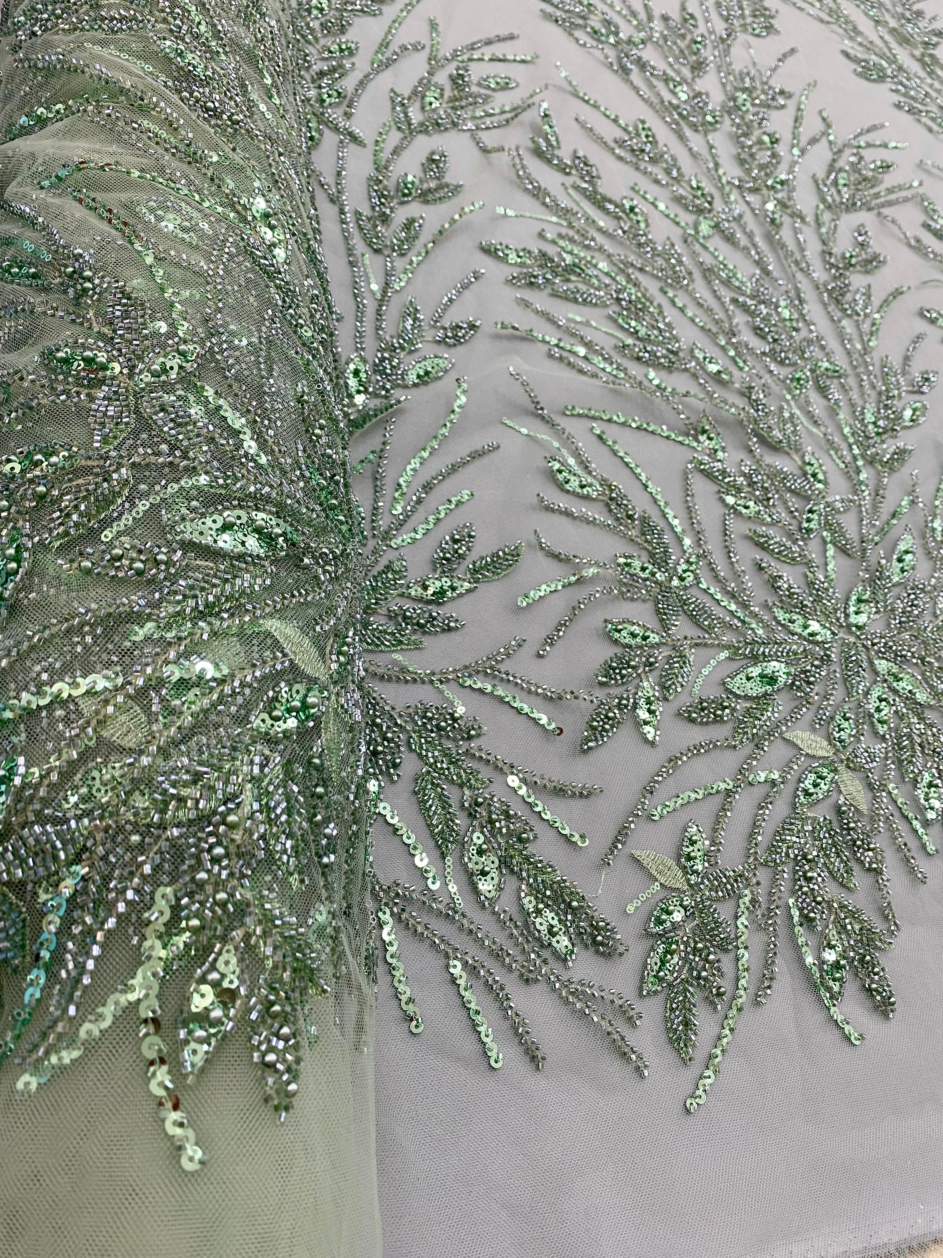 Dantela Couture Verde Ou de Rata cu Model Floral, Perle, Margele si Paiete