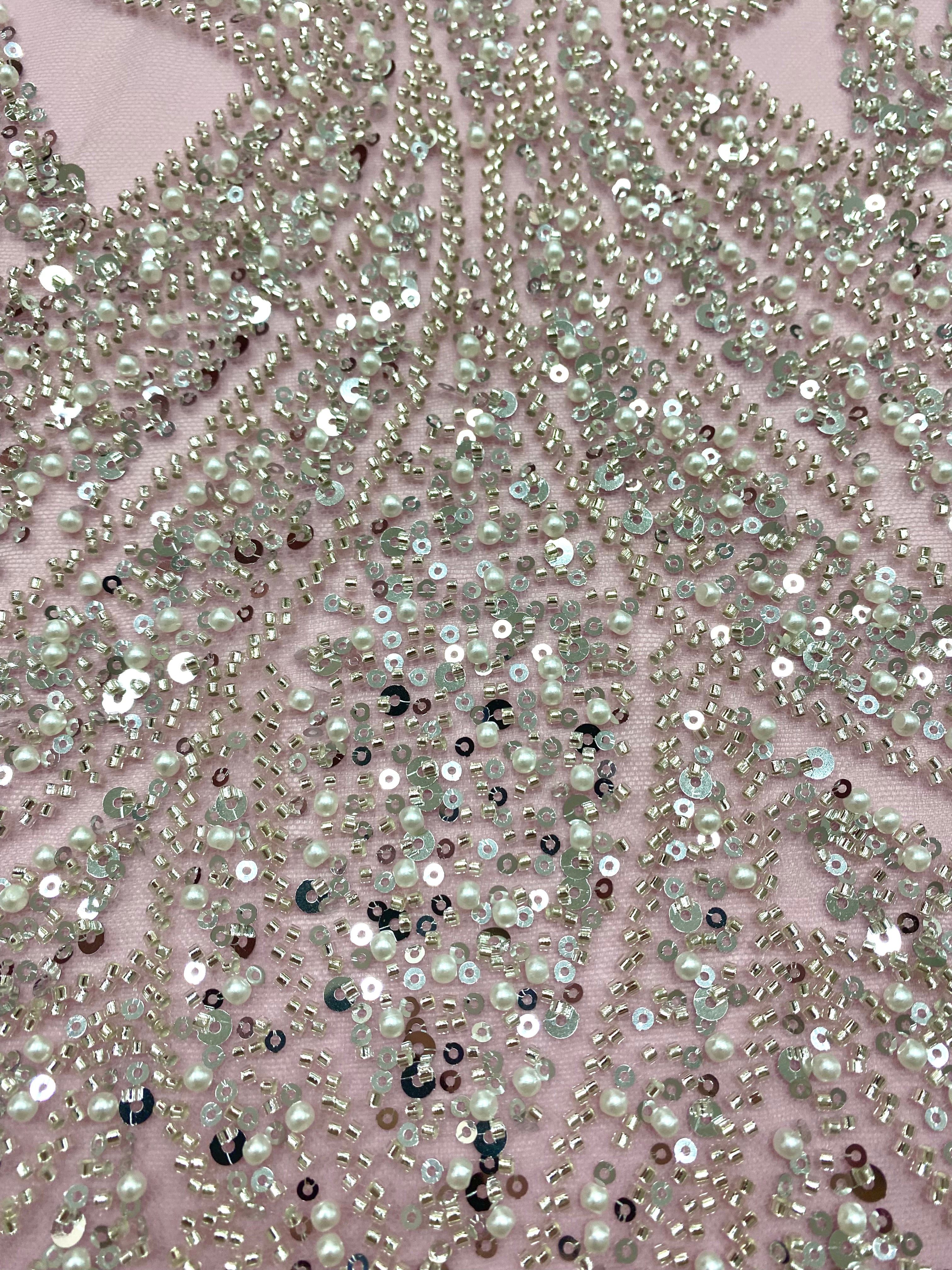Silver Couture Lace on Blue Tulle, with Symmetrical Pattern, with Beads and Sequins 