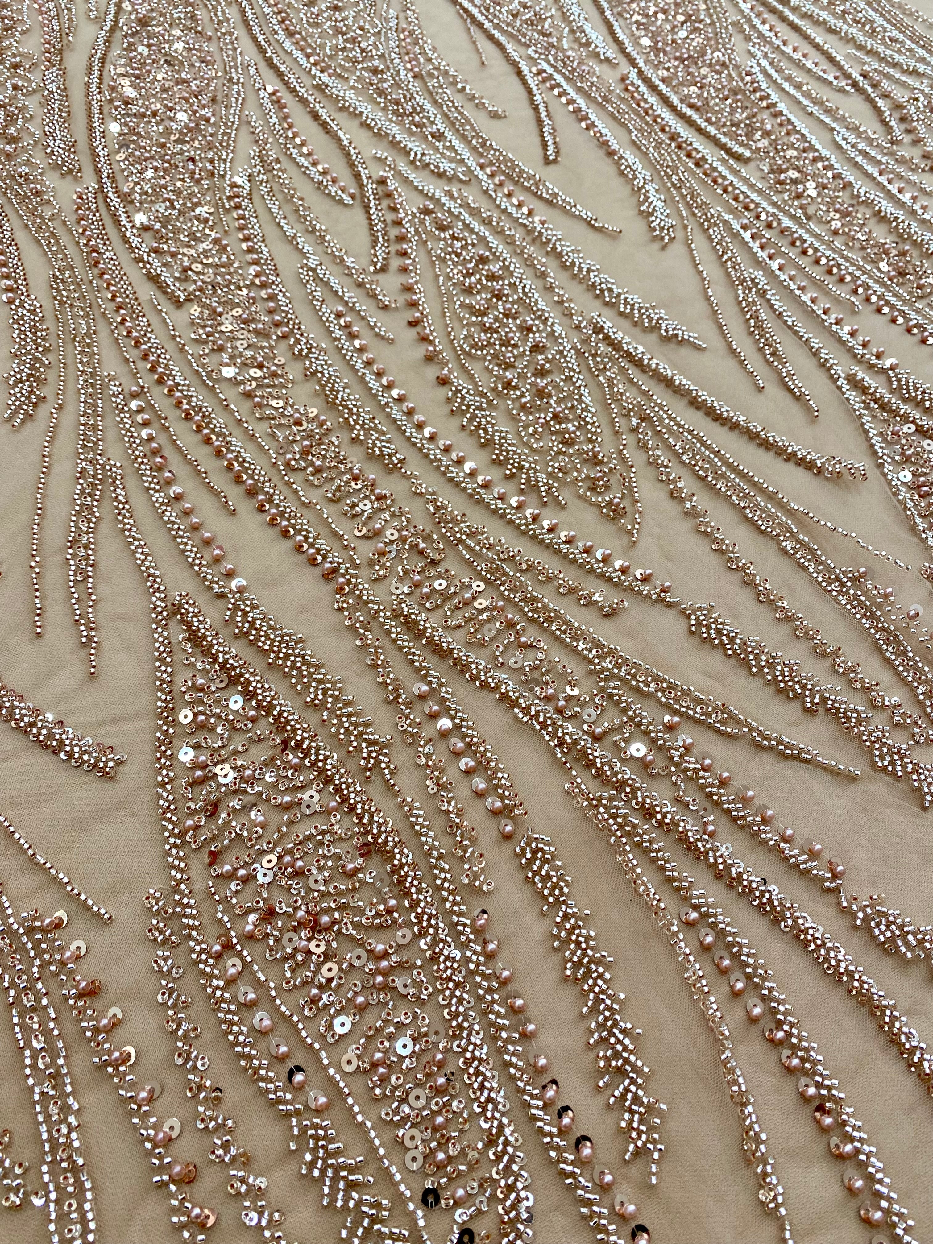 Rose Gold Couture Lace with Panel, Pearls, Beads and Sequins