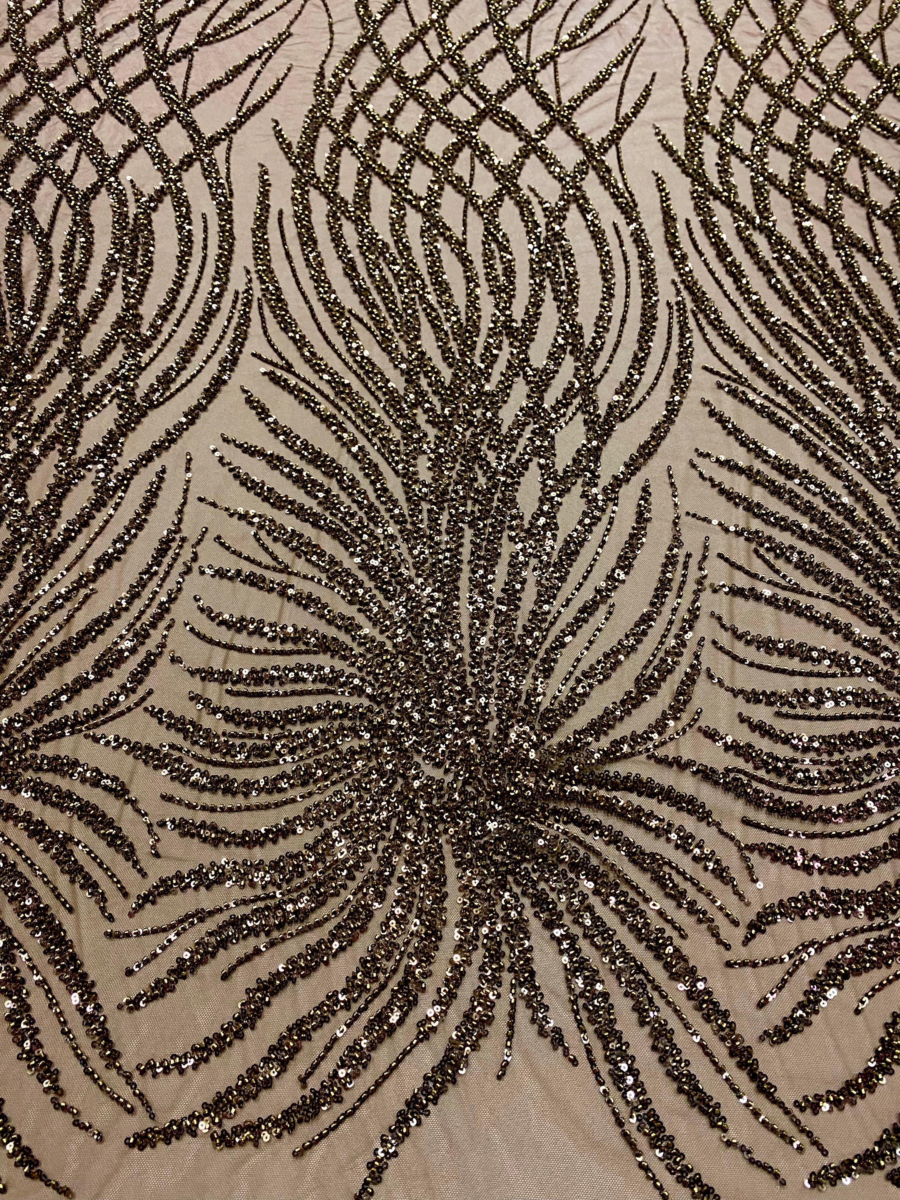 Brown Lace with Geometric Pattern, with Beads and Sequins