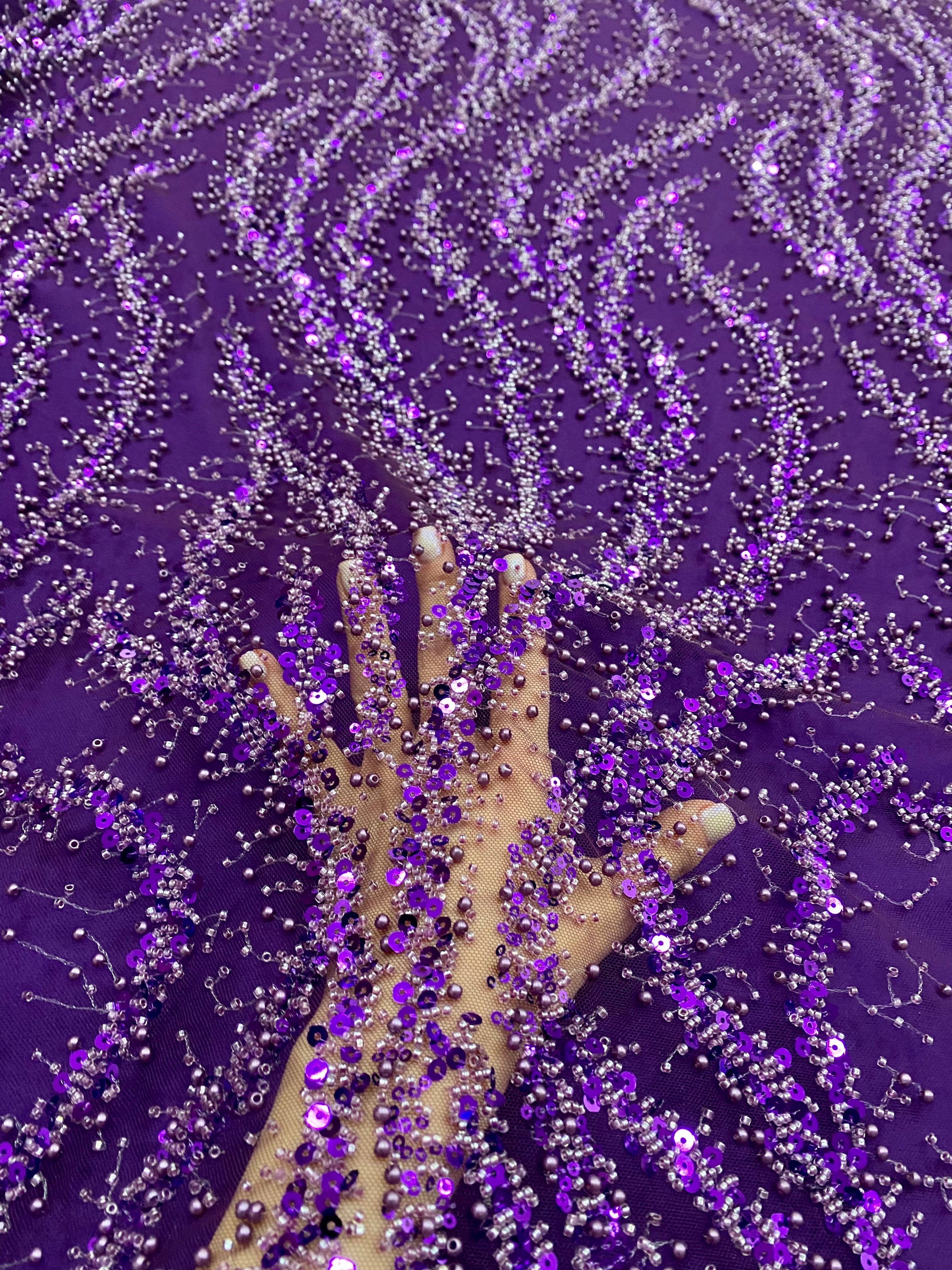 Silver Lace with Linear Pattern, with Pearls and Sequins