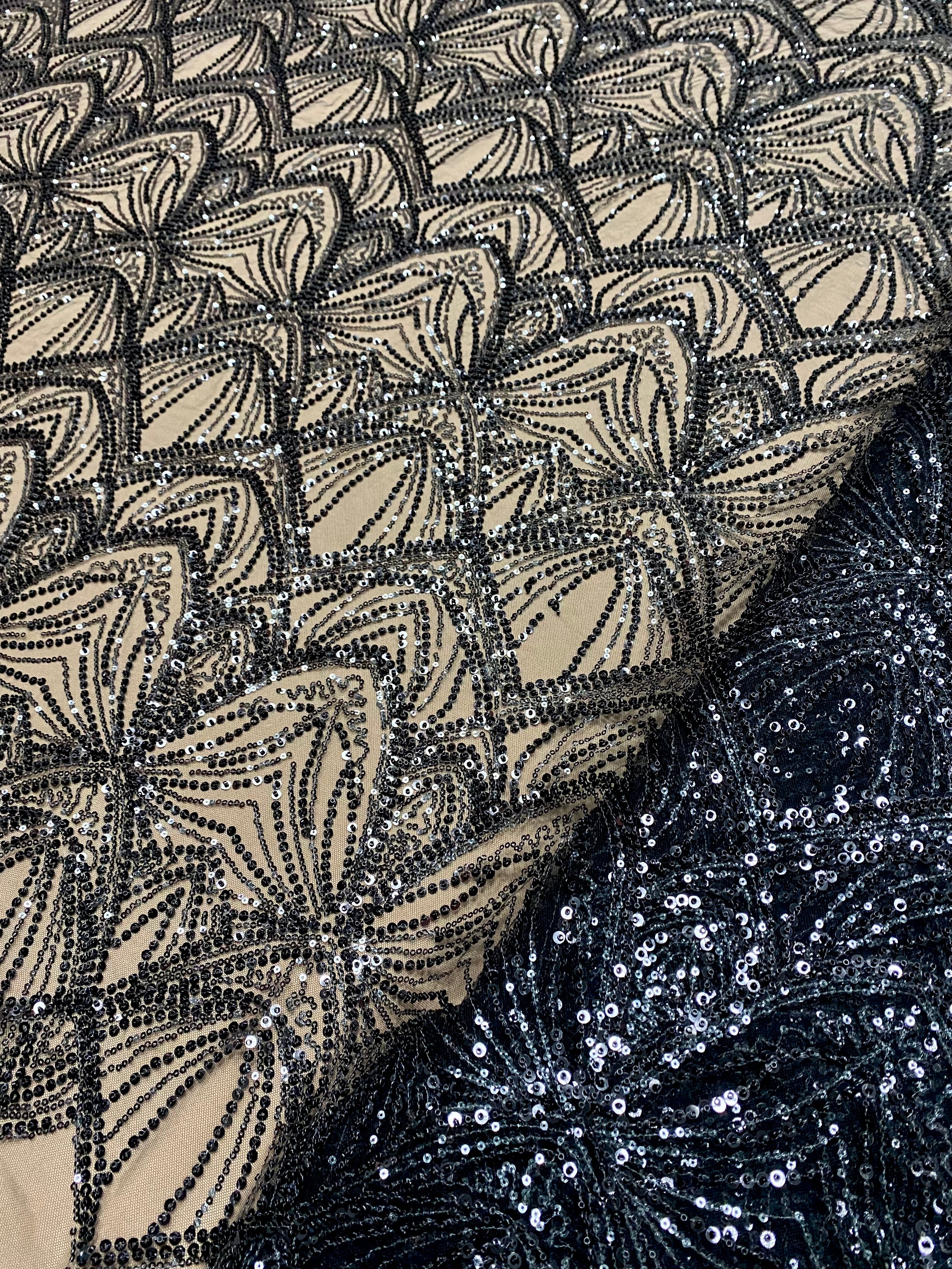 Silver Couture Lace on Blue Tulle, with Symmetrical Pattern, with Beads and Sequins 
