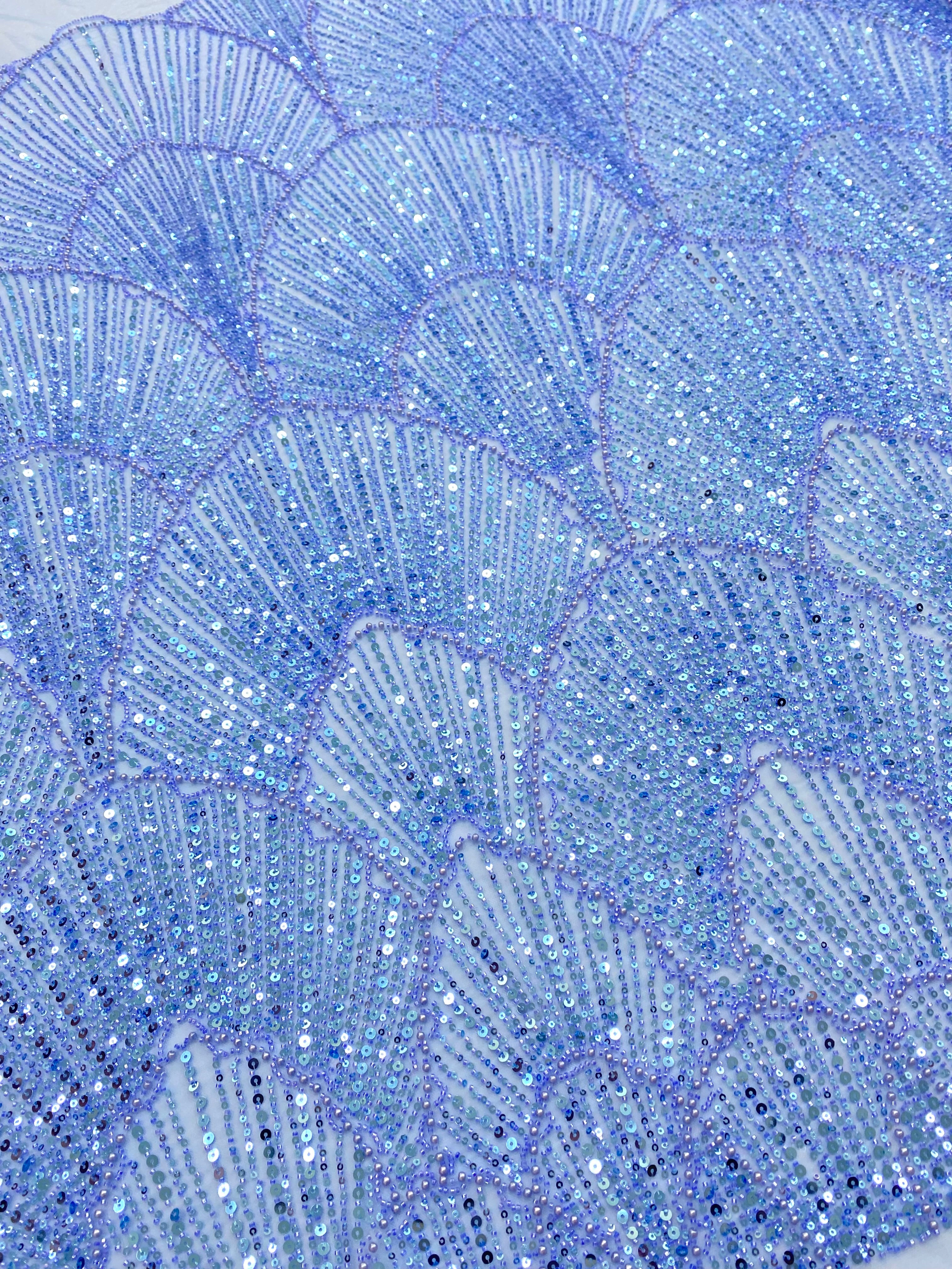 Dantela Couture Sky Blue cu Model Geometric, cu Perle, Margele si Paiete