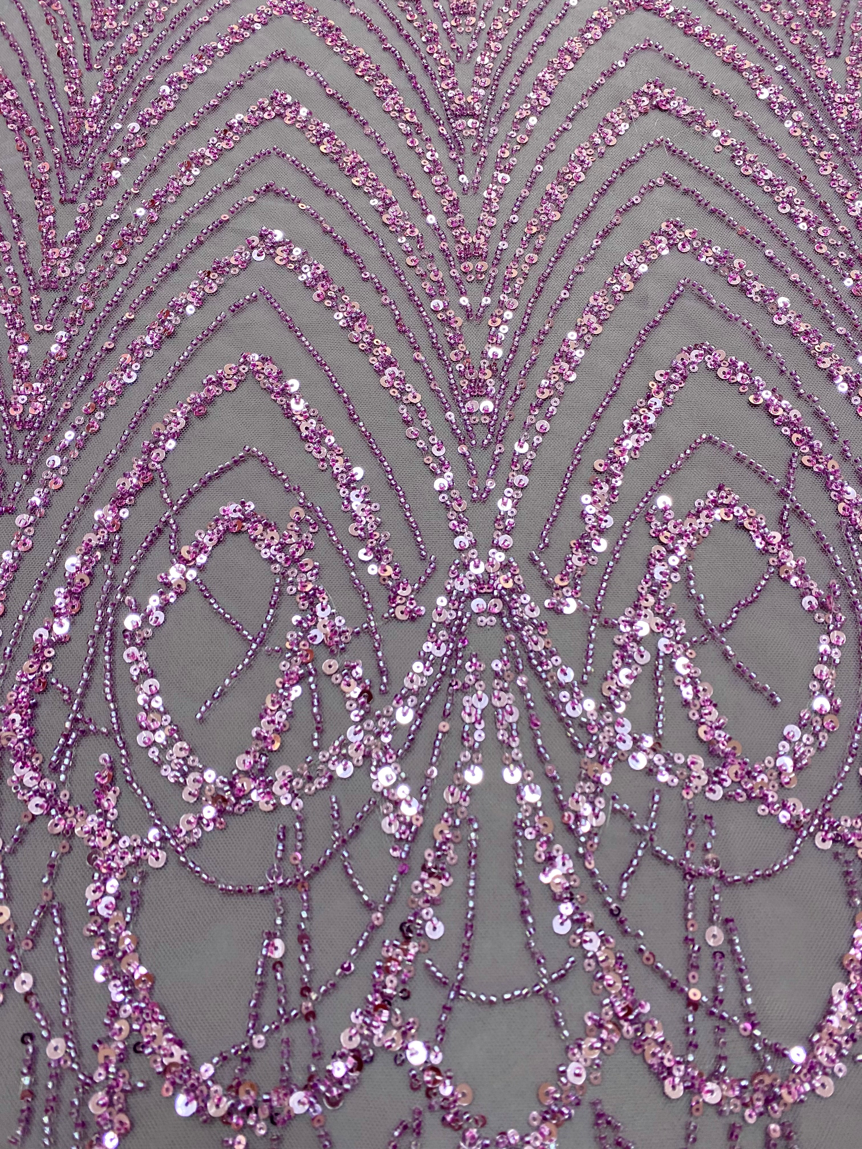 Dantela Couture Lavanda Pudrata cu Model Geometric cu Margele si Paiete