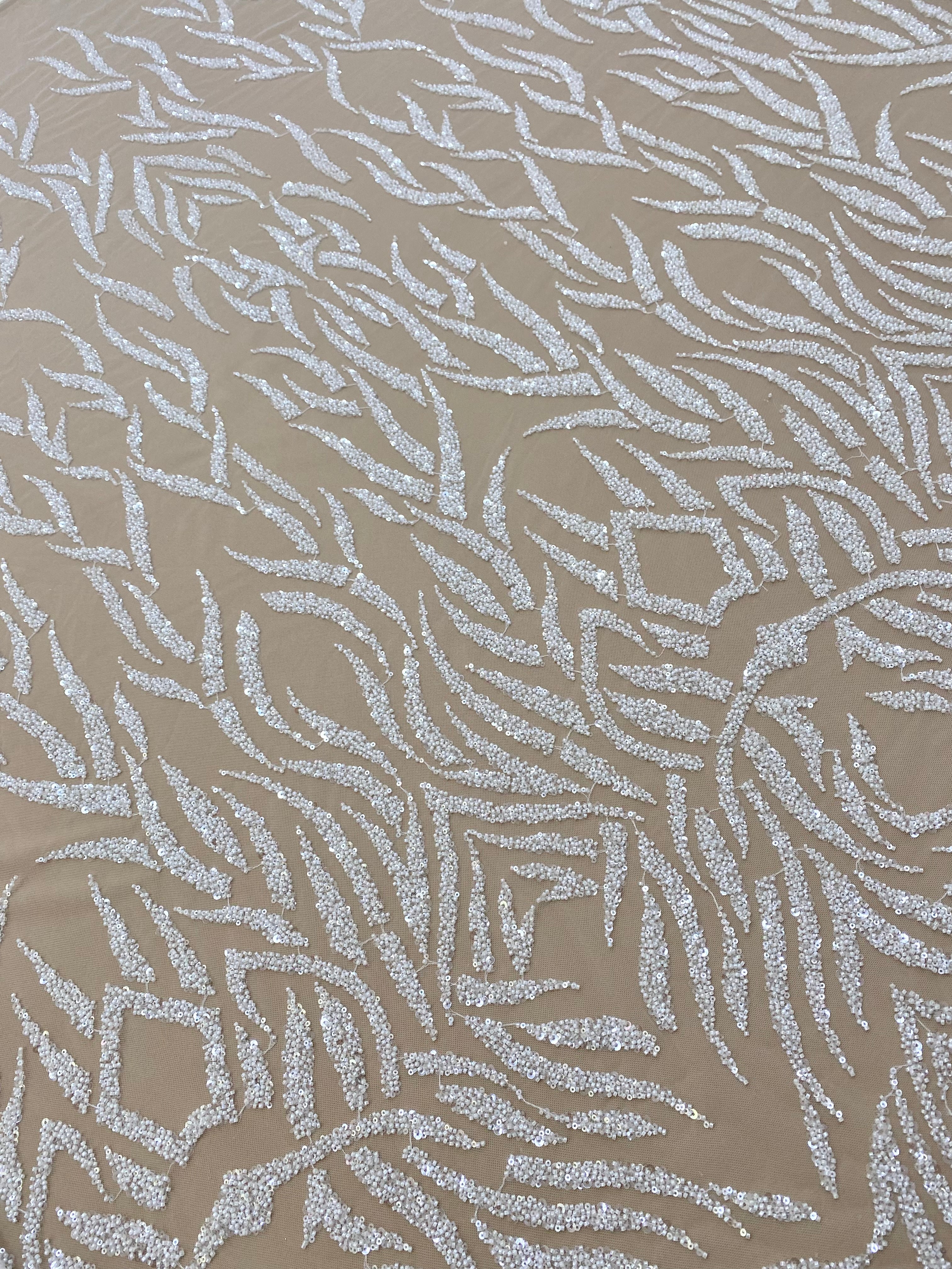 Ivory Couture Lace with Linear Pattern, Beads and Sequins