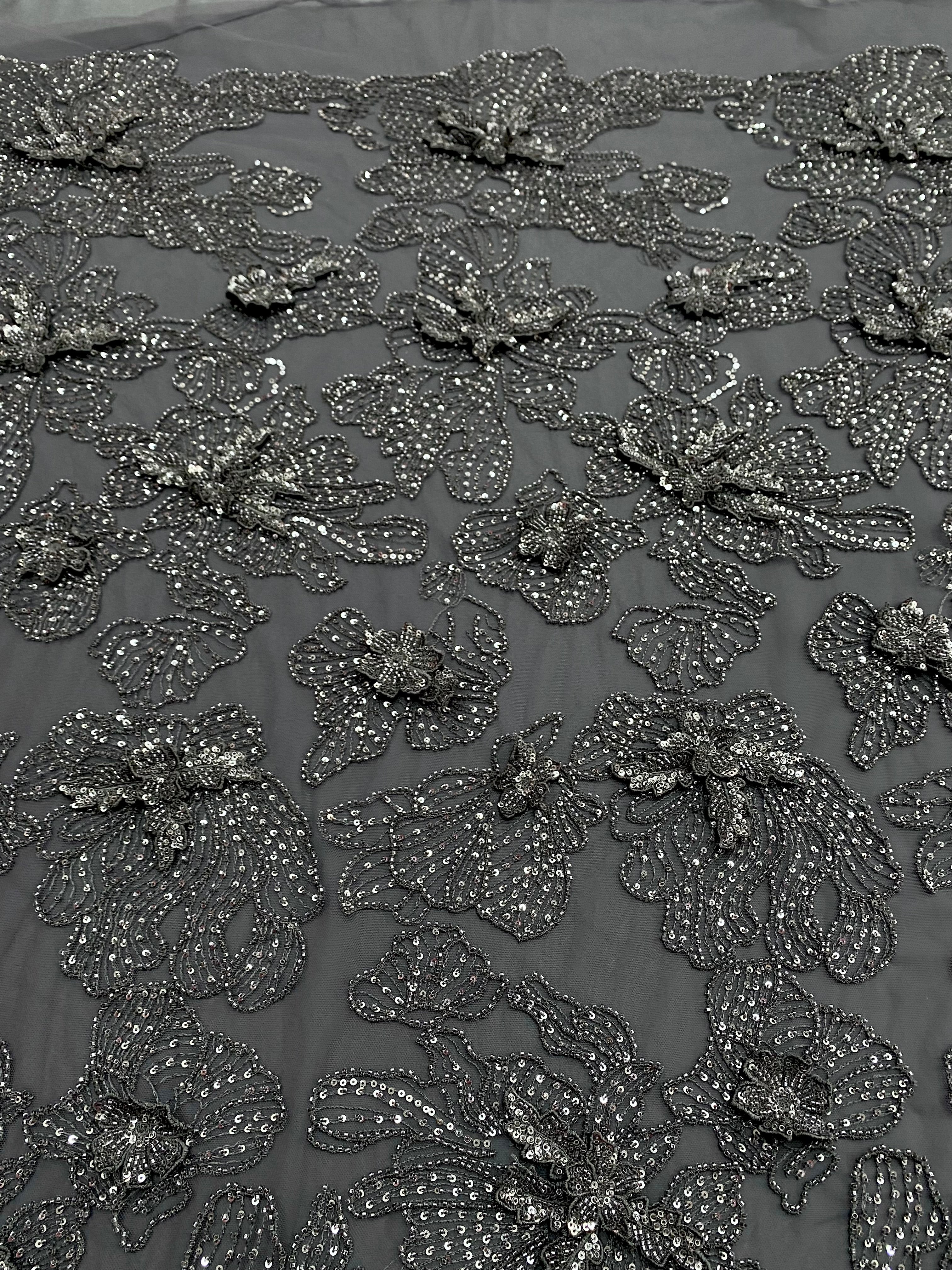 Dantela Couture 3D cu Flori Gri Antracit cu Margele si Paiete