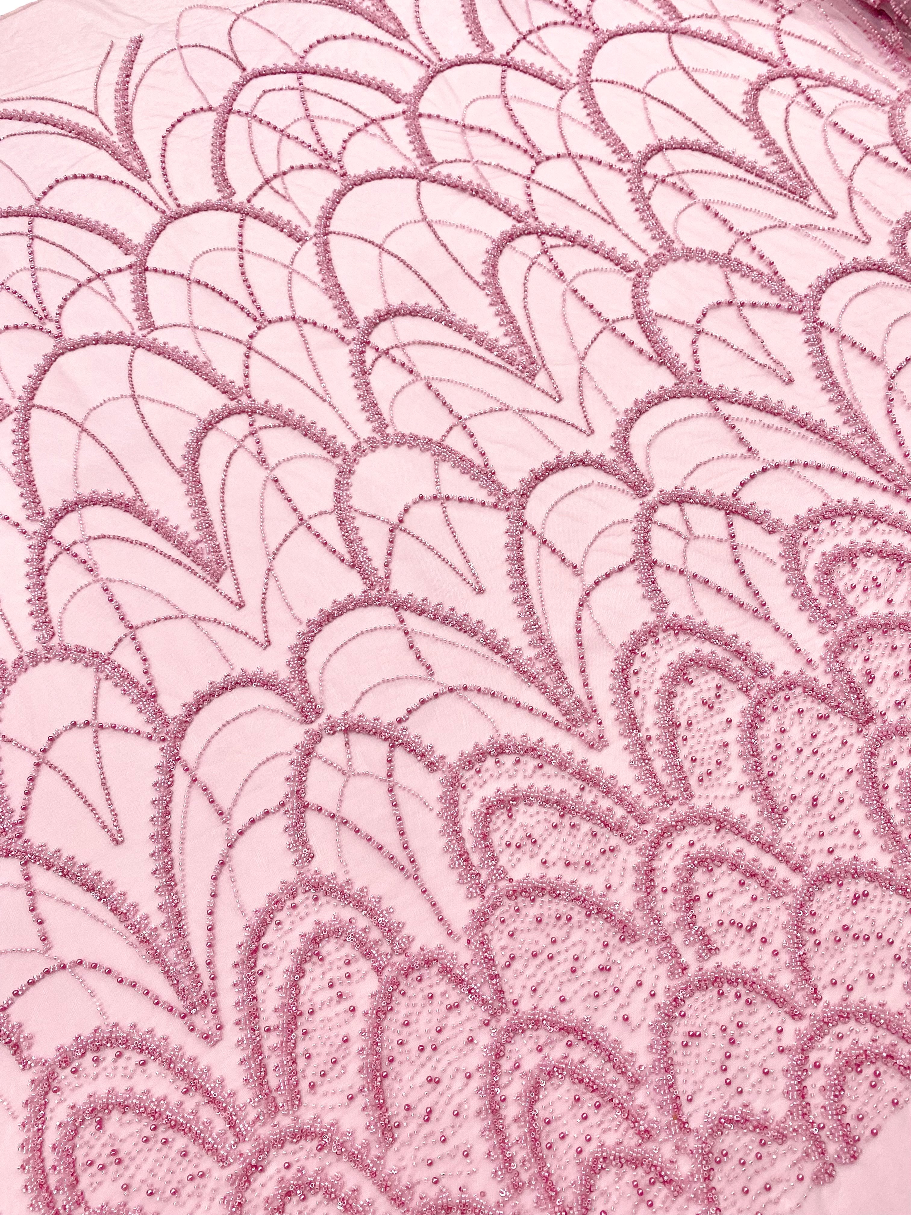 Pink Couture Lace with Geometric Pattern, with Pearls, Beads and Sequins