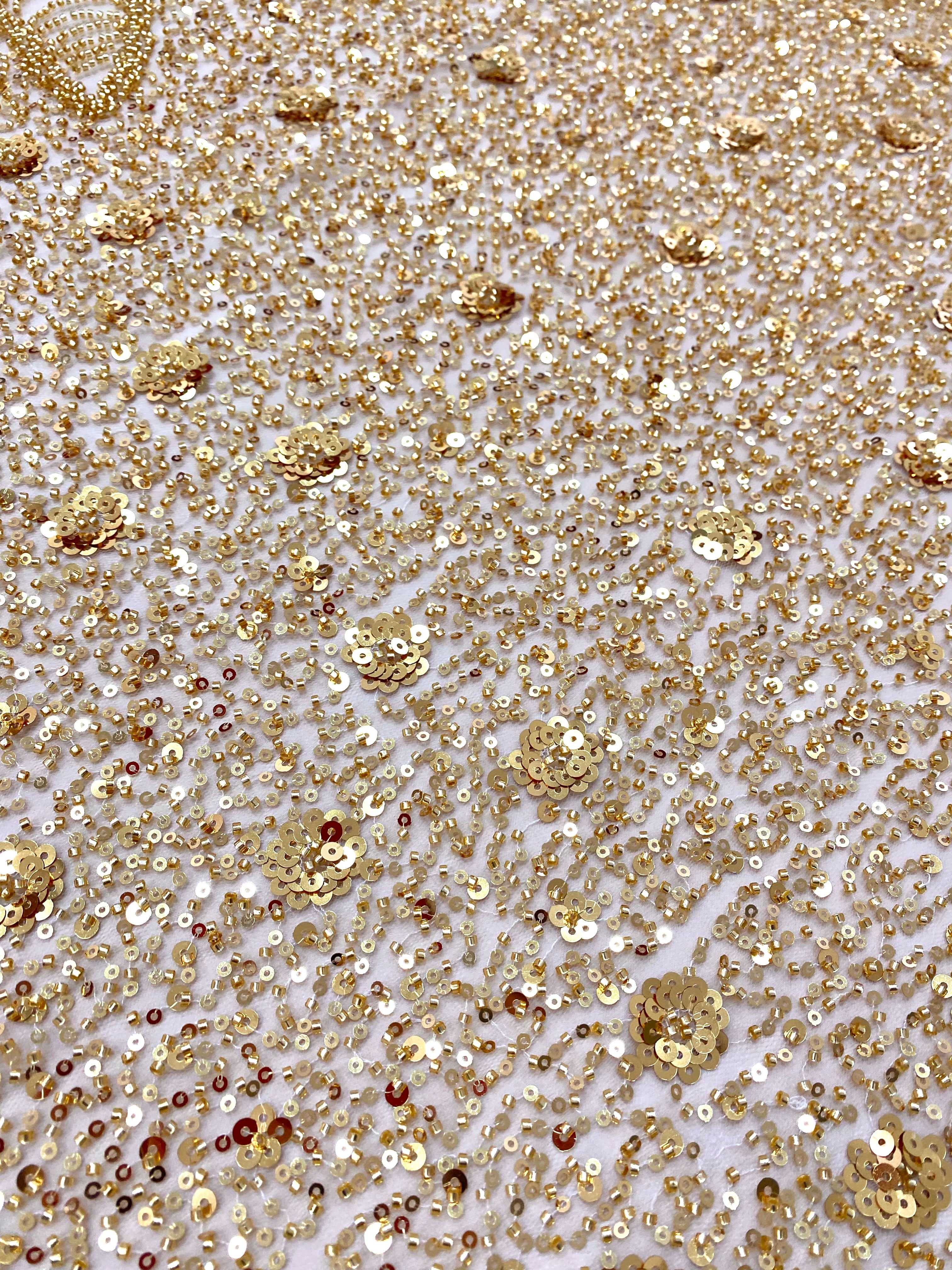 Gold Couture Lace with Geometric and Floral Pattern, with Beads and Sequins