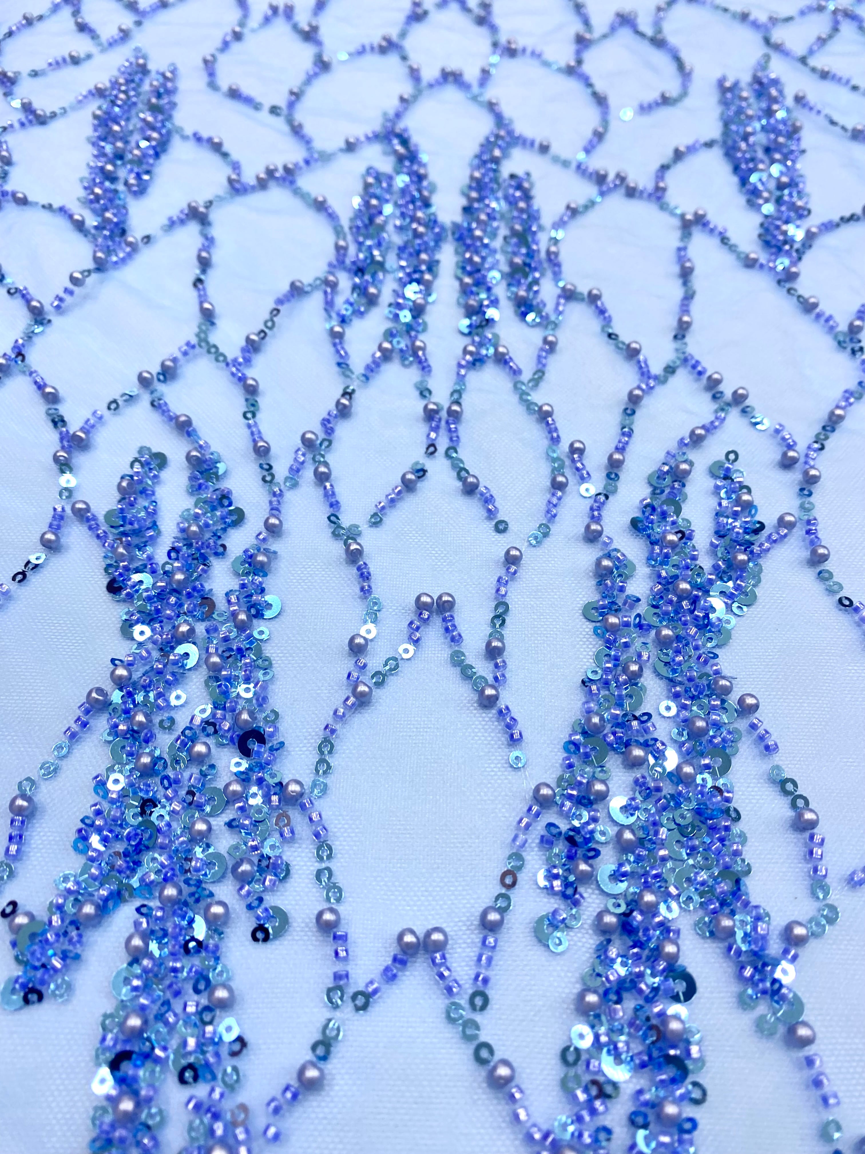 Silver Lace with Nude Tulle with Linear Pattern, Beads and Sequins