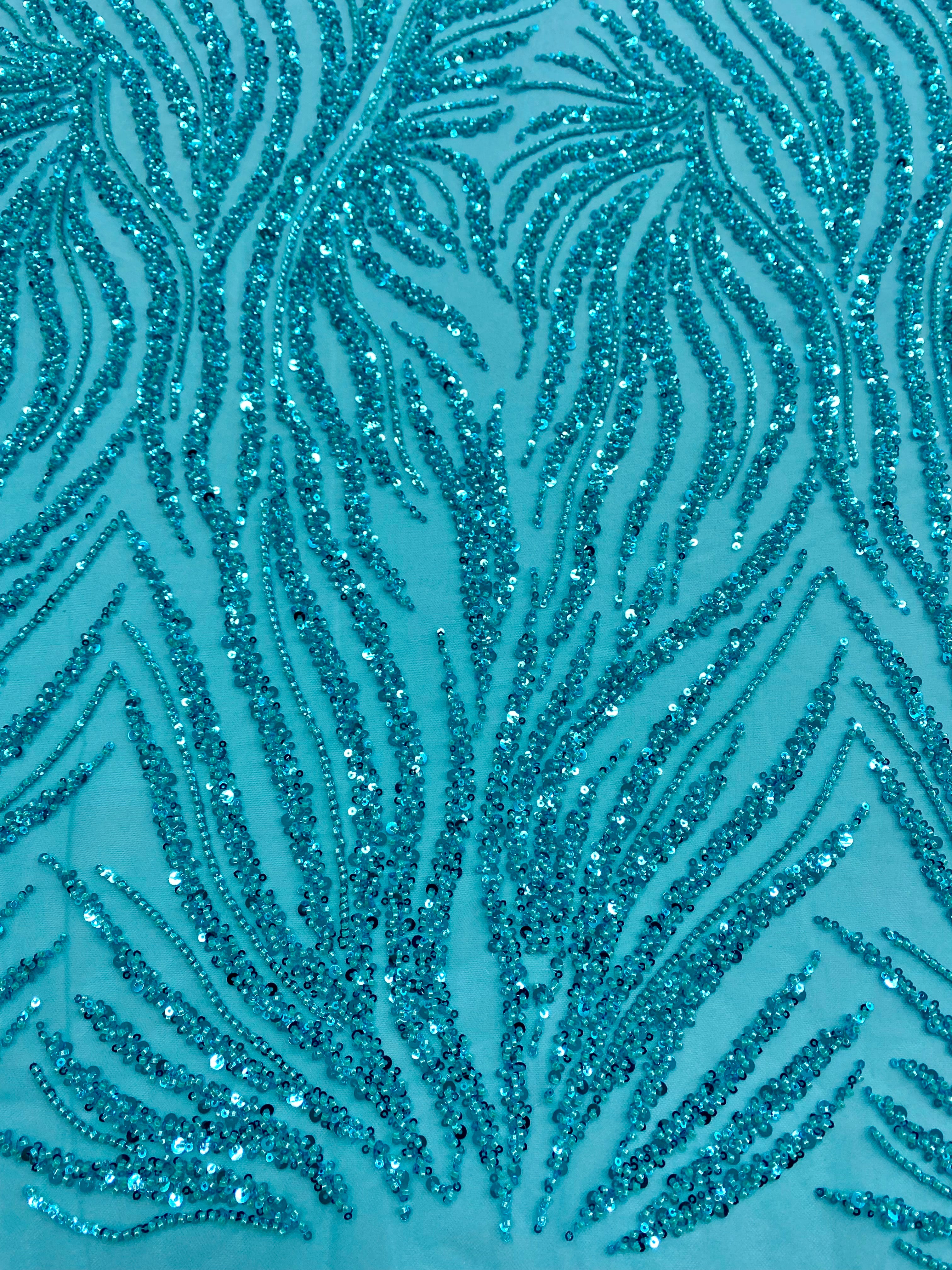 Turquoise Lace with Linear Pattern, with Beads and Sequins