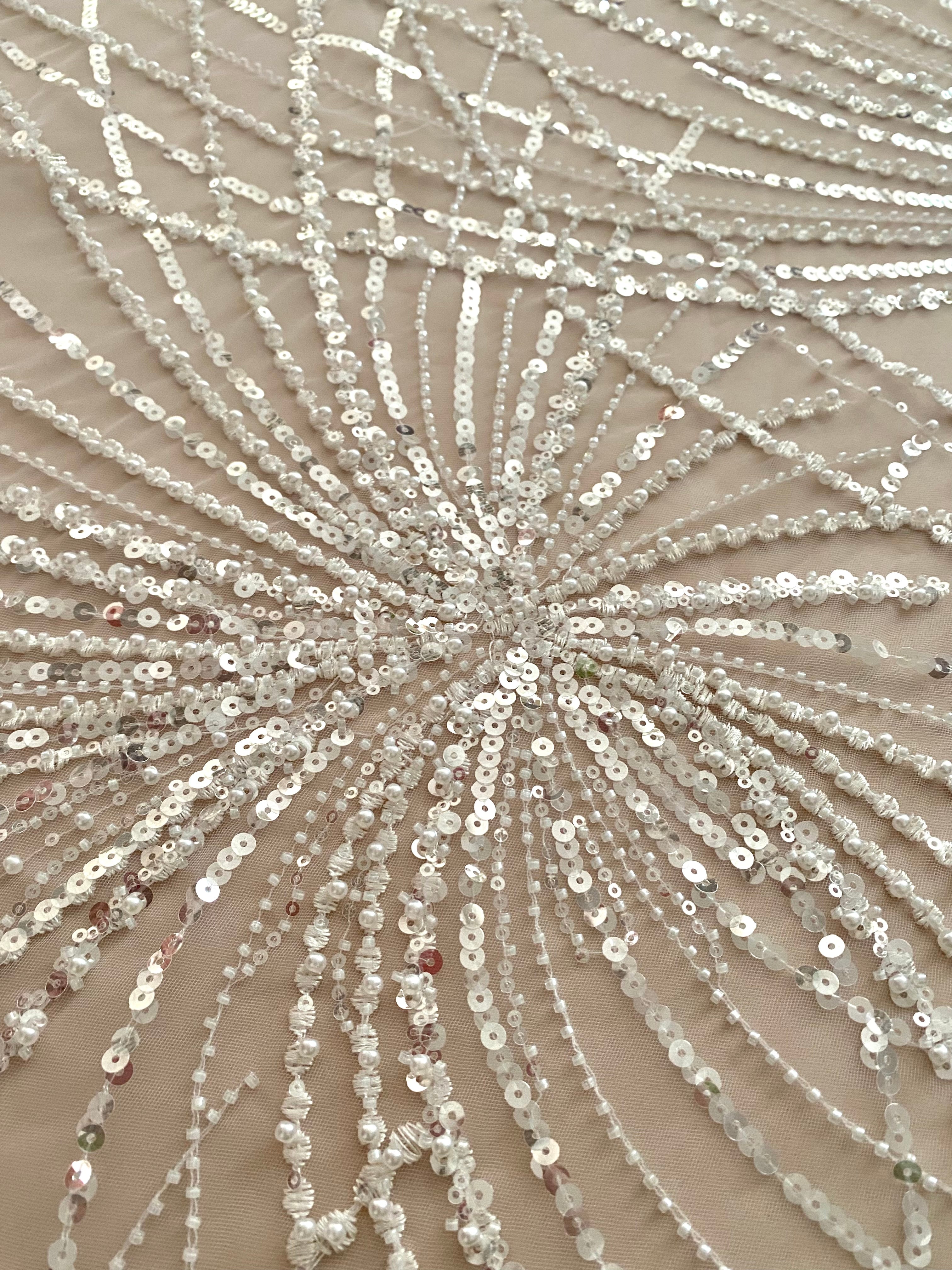 Dantela Couture Ivory cu Model Geometric, cu Perle, Margele si Paiete
