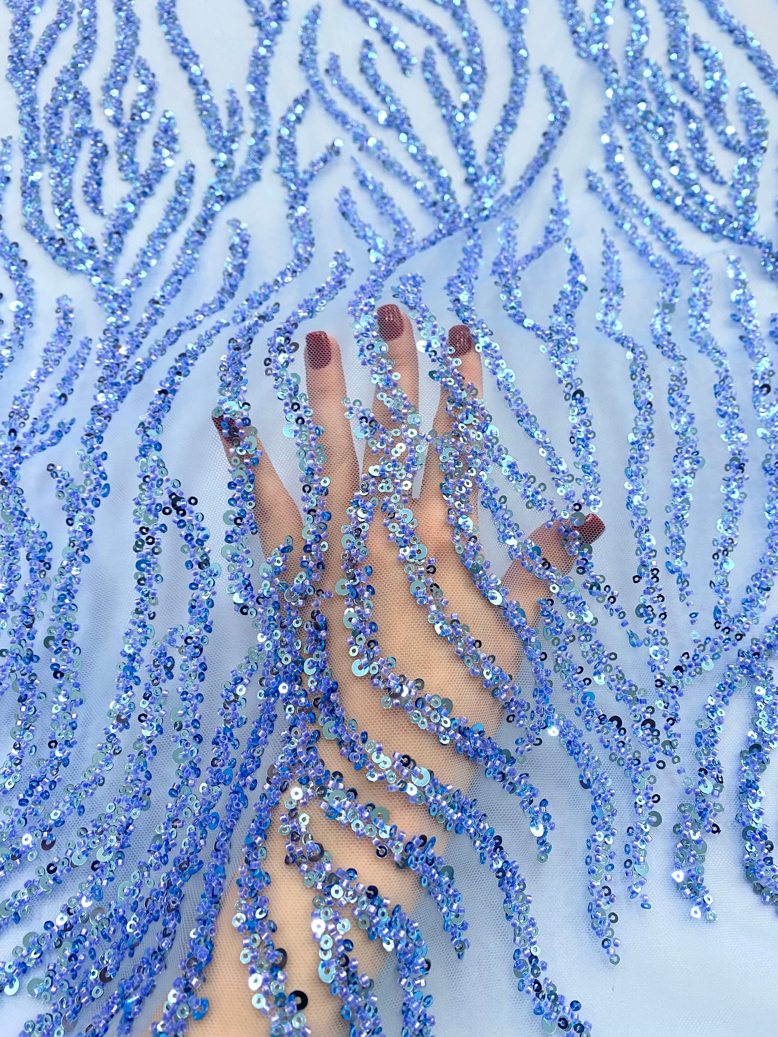 Silver Lace with Nude Tulle with Linear Pattern, Beads and Sequins