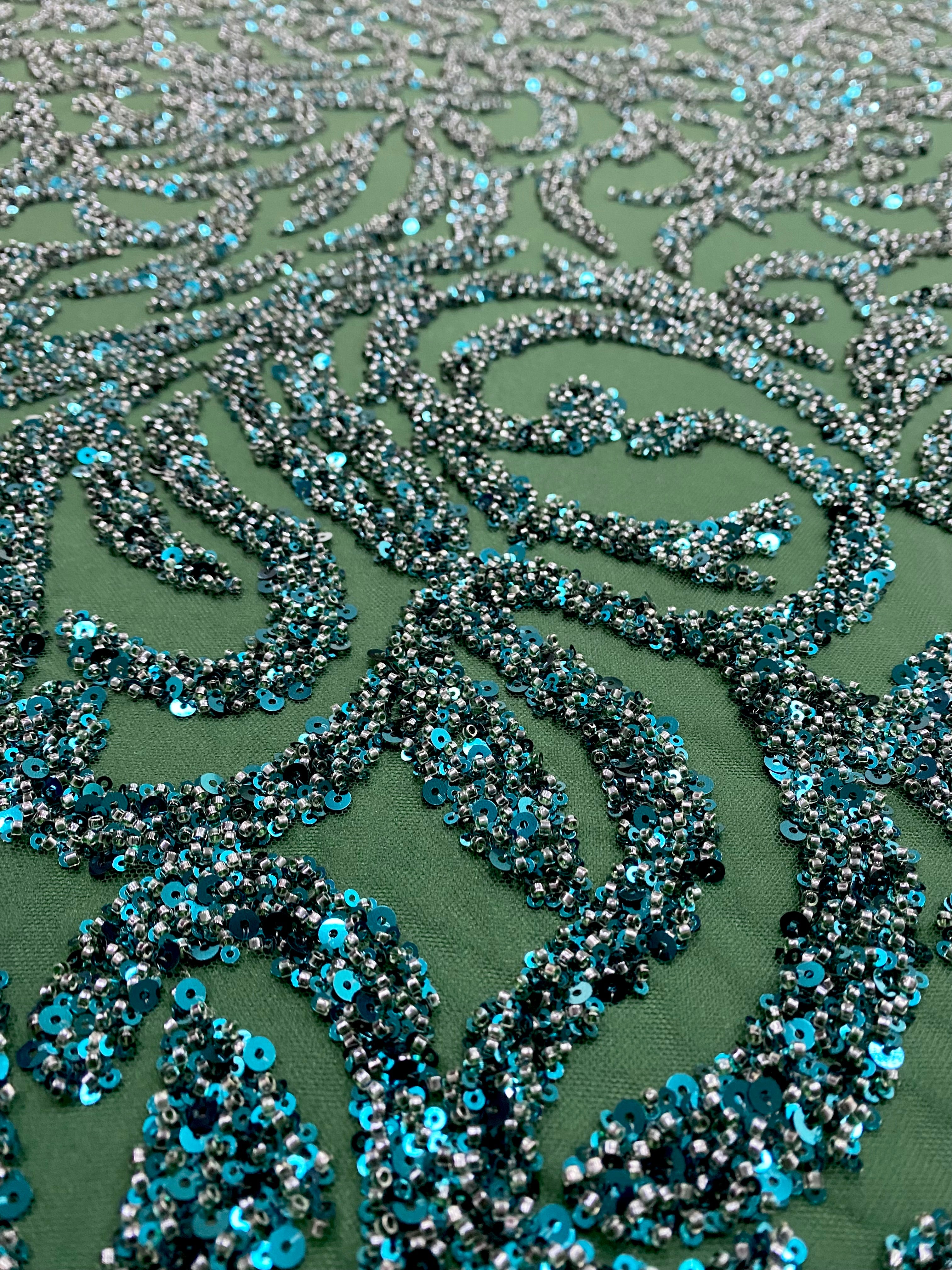 Emerald Green Couture Lace with Geometric Pattern, with Beads and Sequins