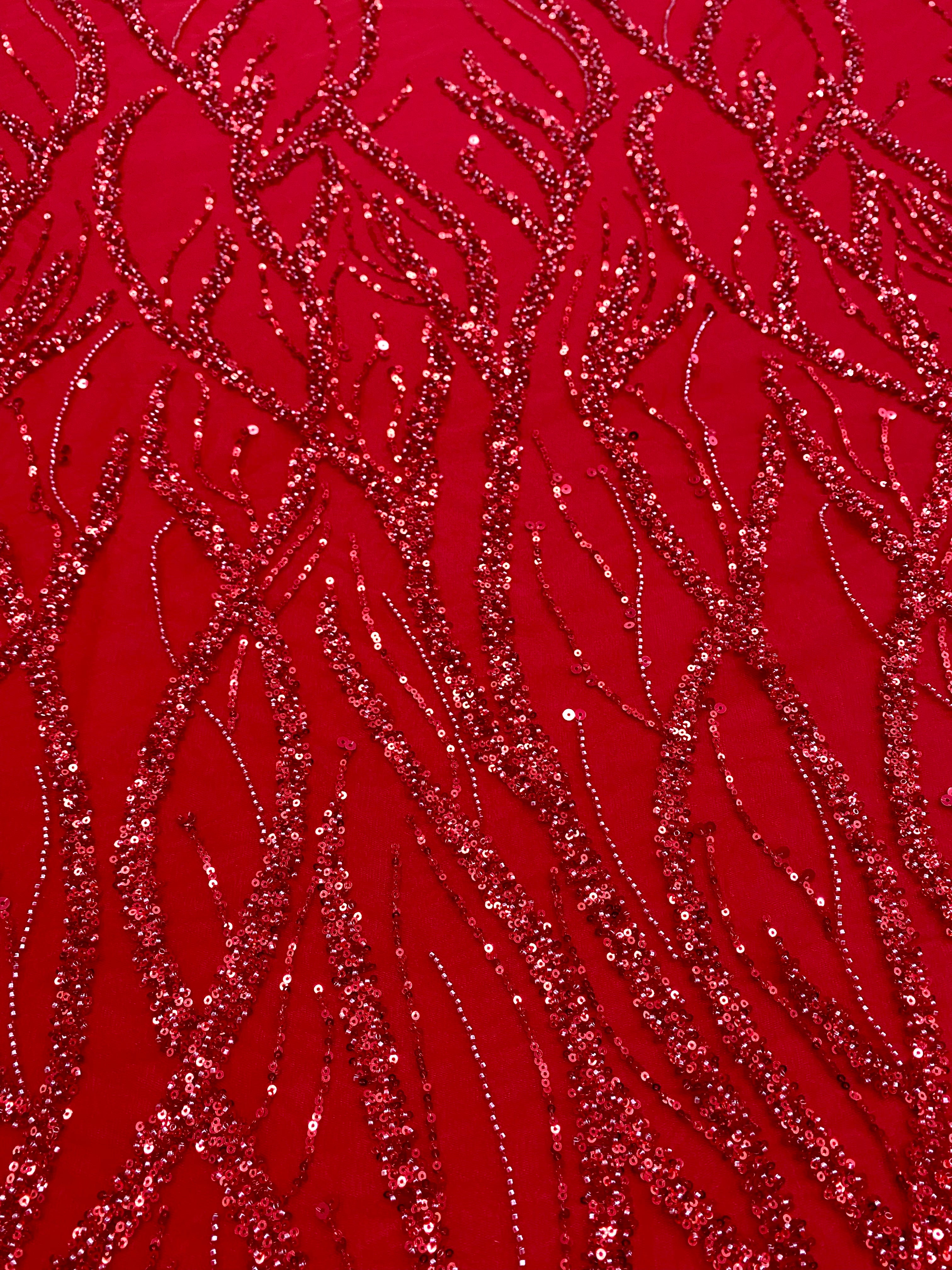 Red Couture Lace with Strings, Beads and Sequins