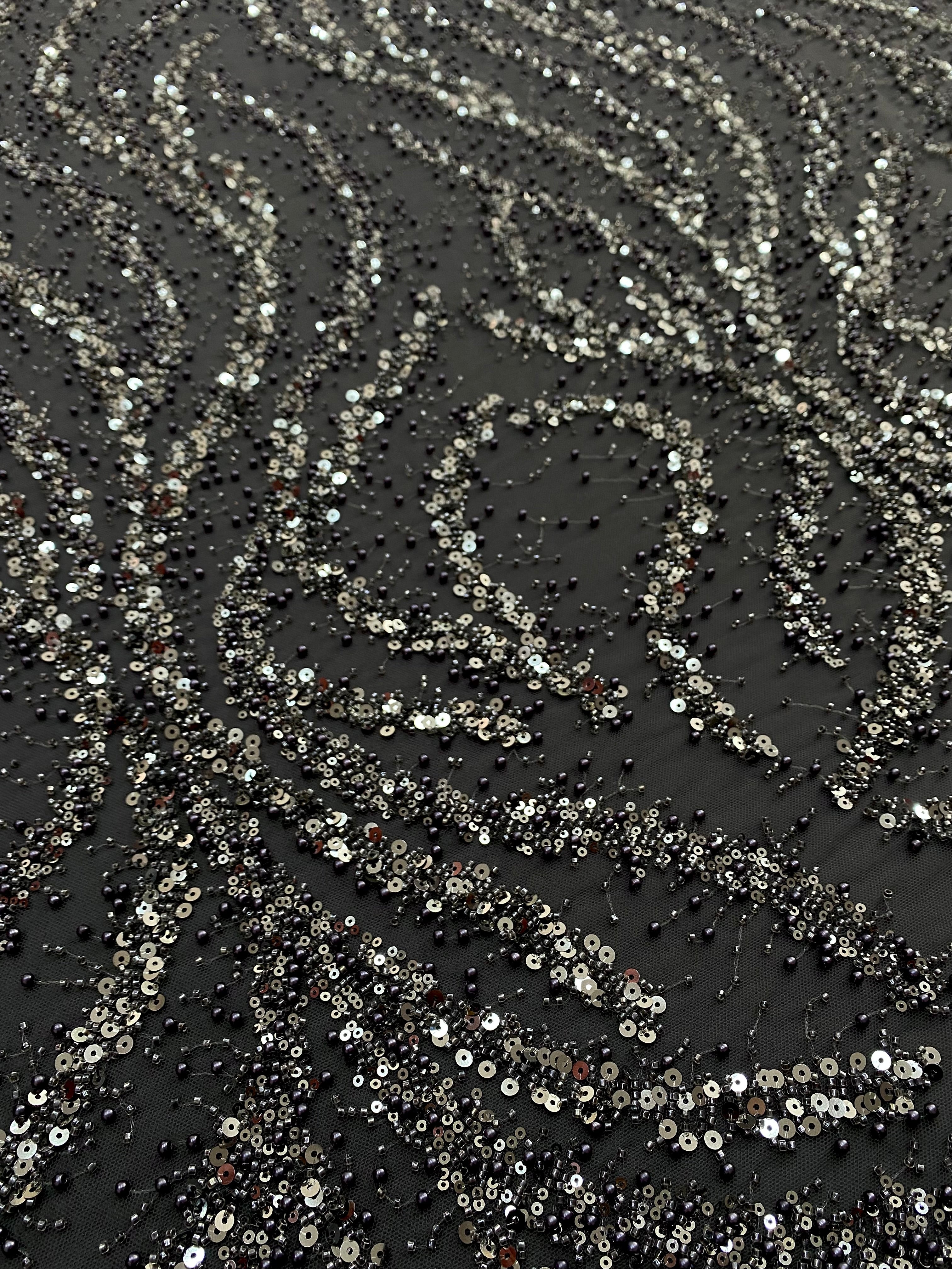 Silver Lace with Linear Pattern, with Pearls and Sequins