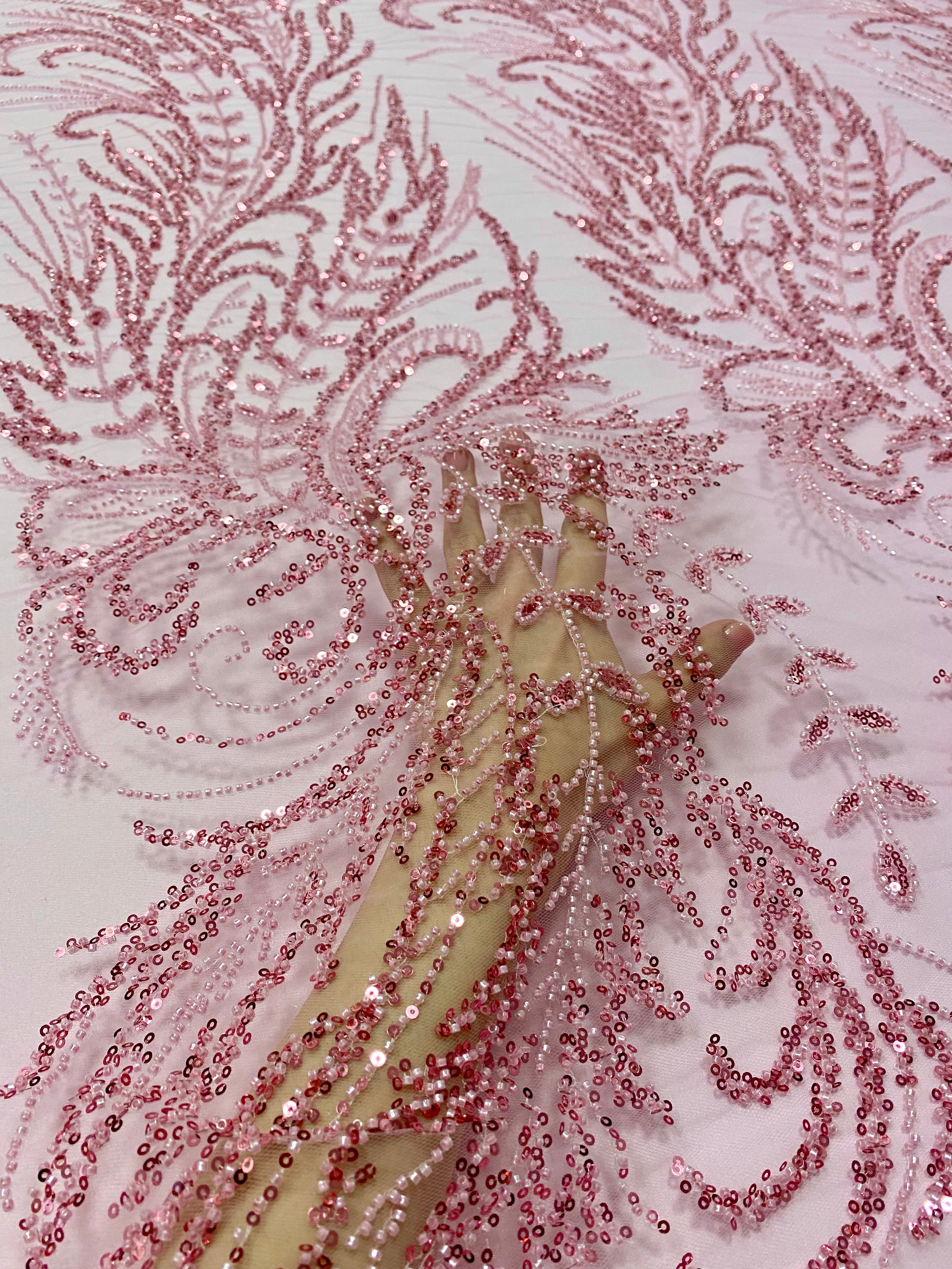 Pink Couture Lace with Floral Pattern, with Beads and Sequins