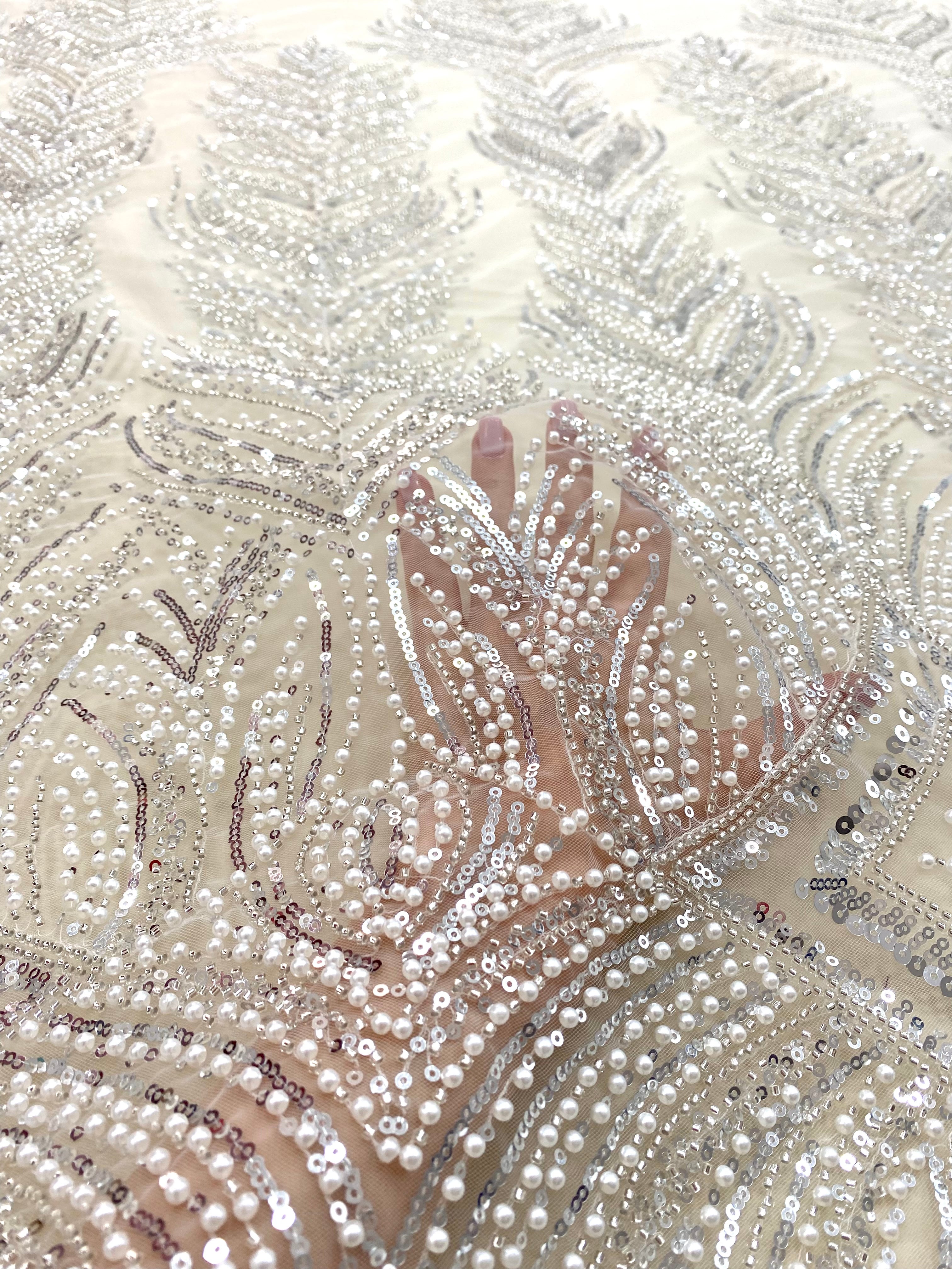 Silver Lace with Geometric Pattern, with Beads and Sequins