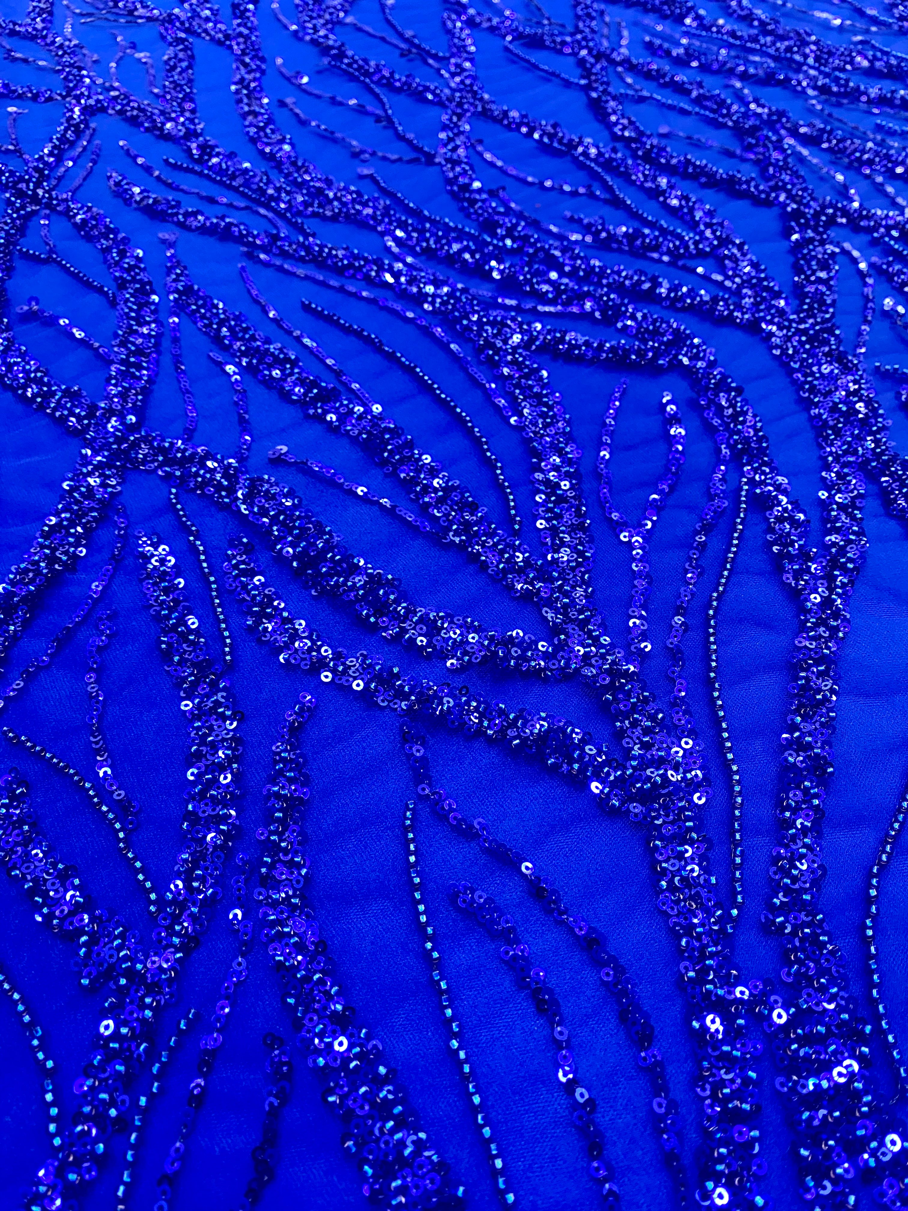 Dantela Couture Albastru Royal cu Siraguri, cu Margele si Paiete
