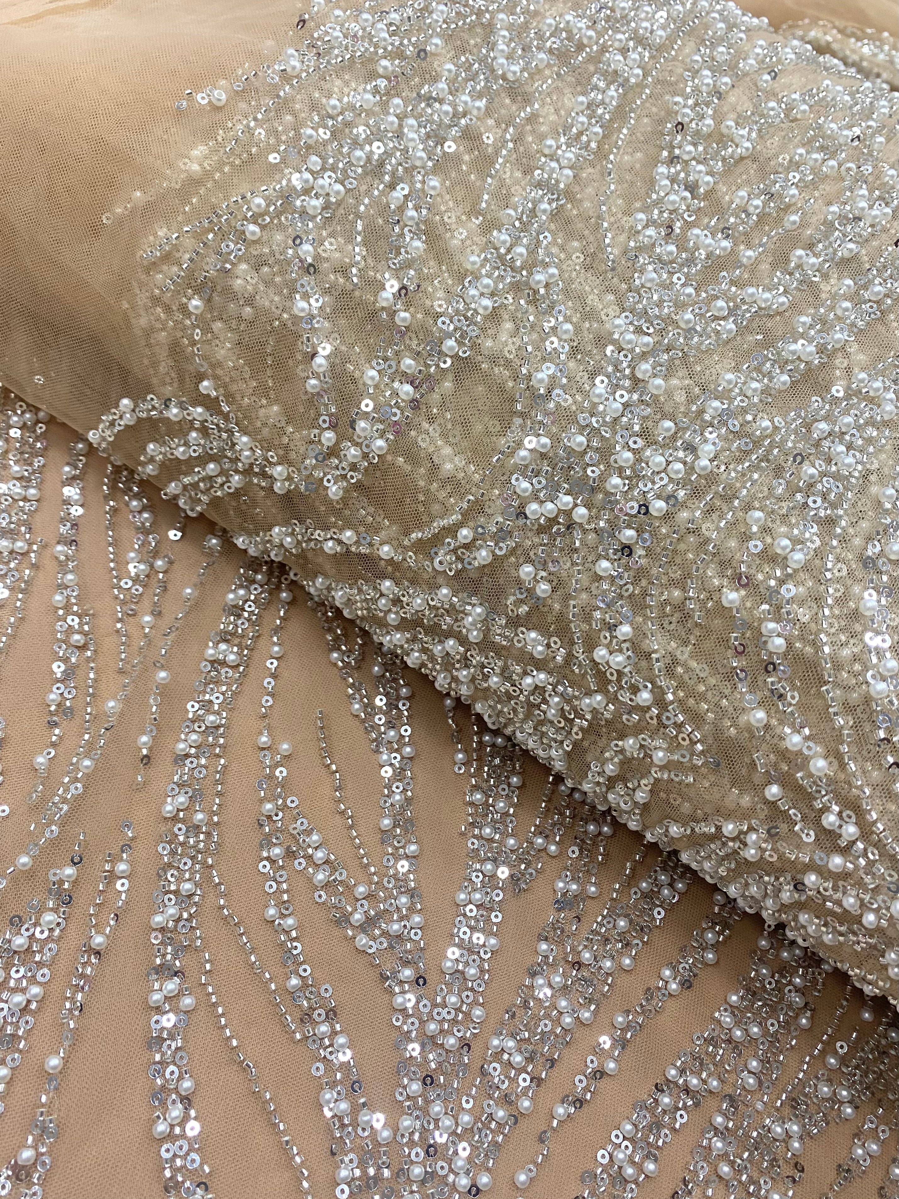 Silver Couture Lace on Nude Tulle with Geometric Pattern, with Pearls, Beads and Sequins