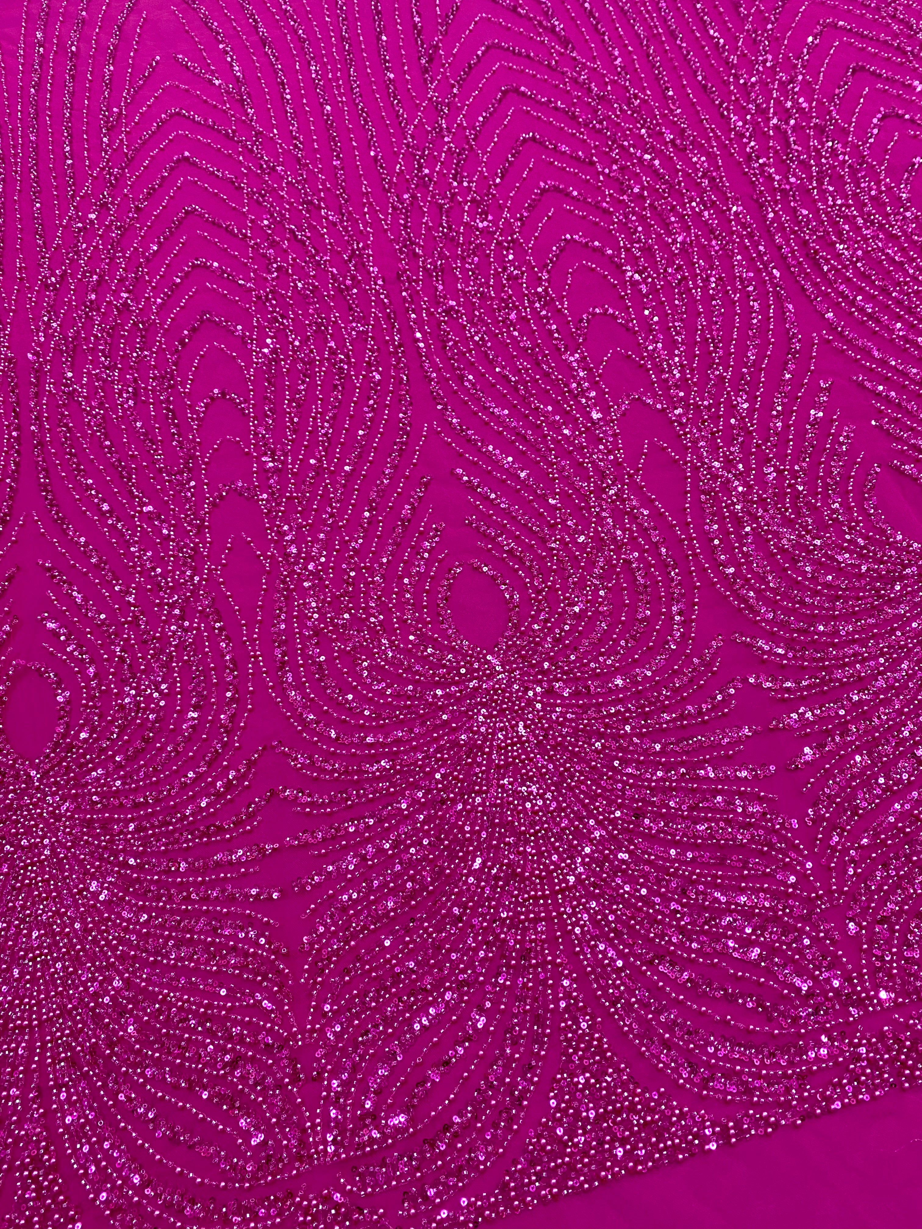 Dantela Couture Fucsia cu Panou, cu Perle, Margele si Paiete