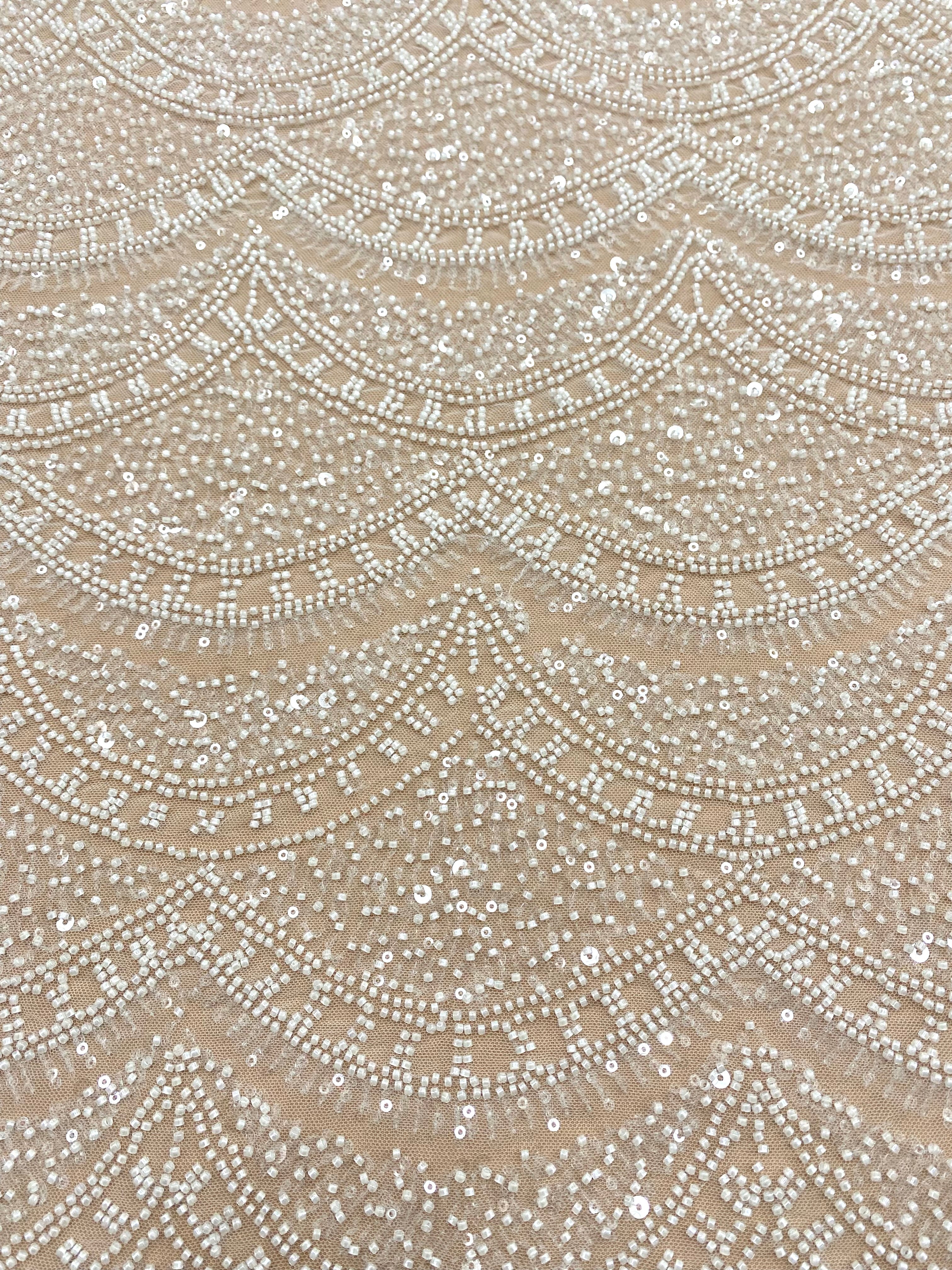 Ivory Lace with Geometric Pattern, with Beads and Sequins