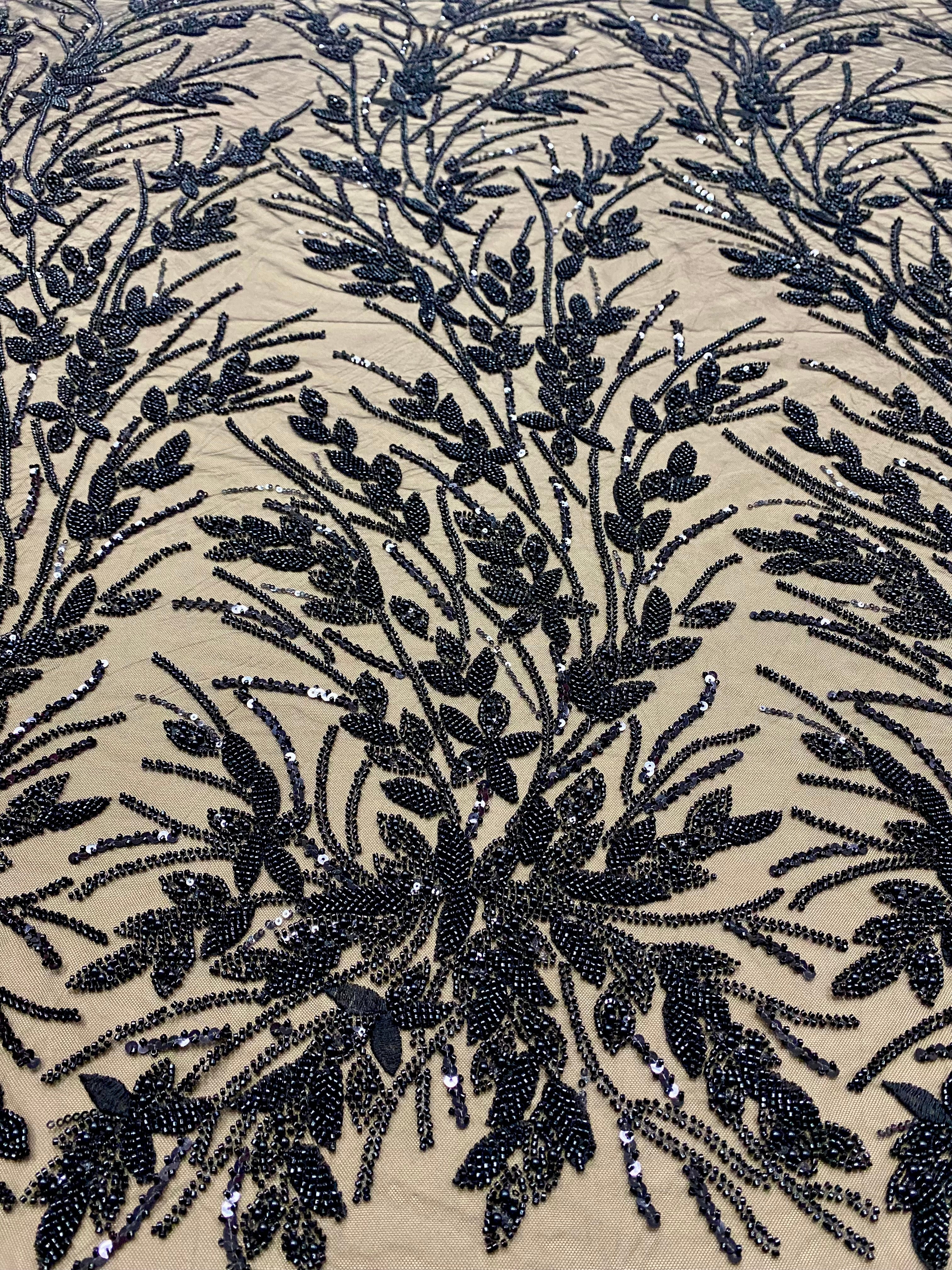 Dantela Couture Neagra cu Model Floral, Perle, Margele si Paiete