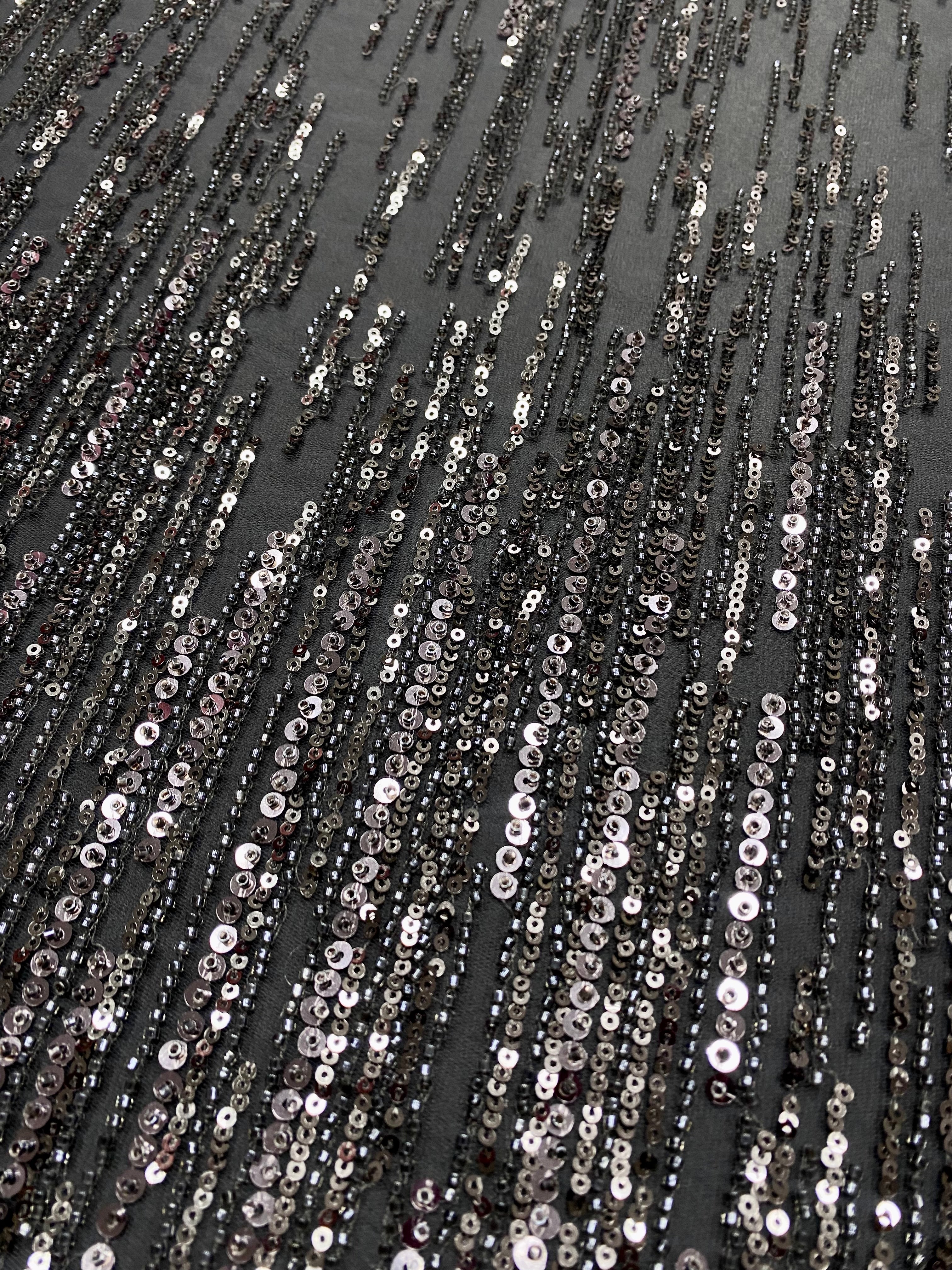 Black Lace with Linear Pattern, with Pearls and Sequins