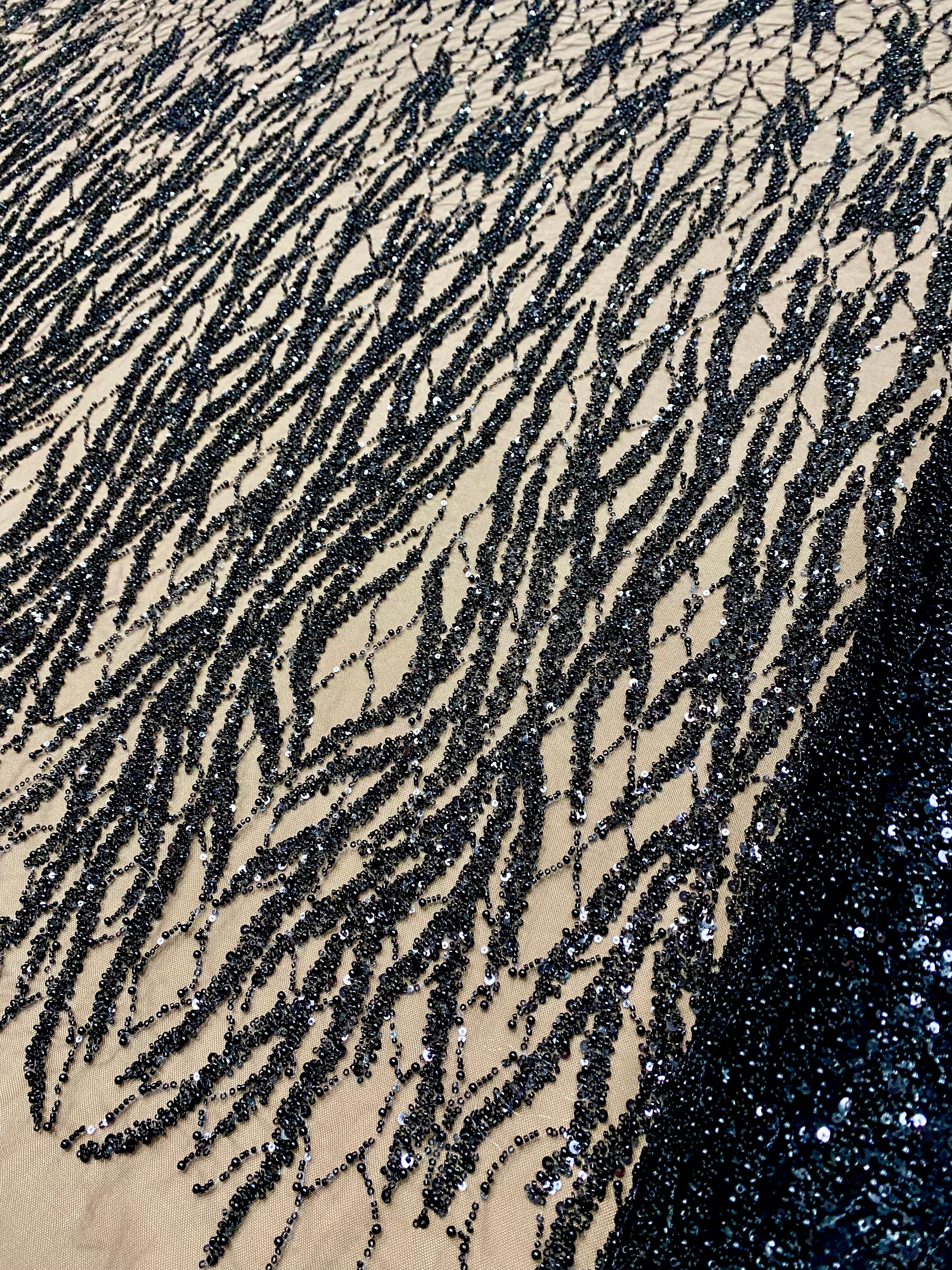 Black Couture Lace with Strings, Pearls, Beads and Sequins