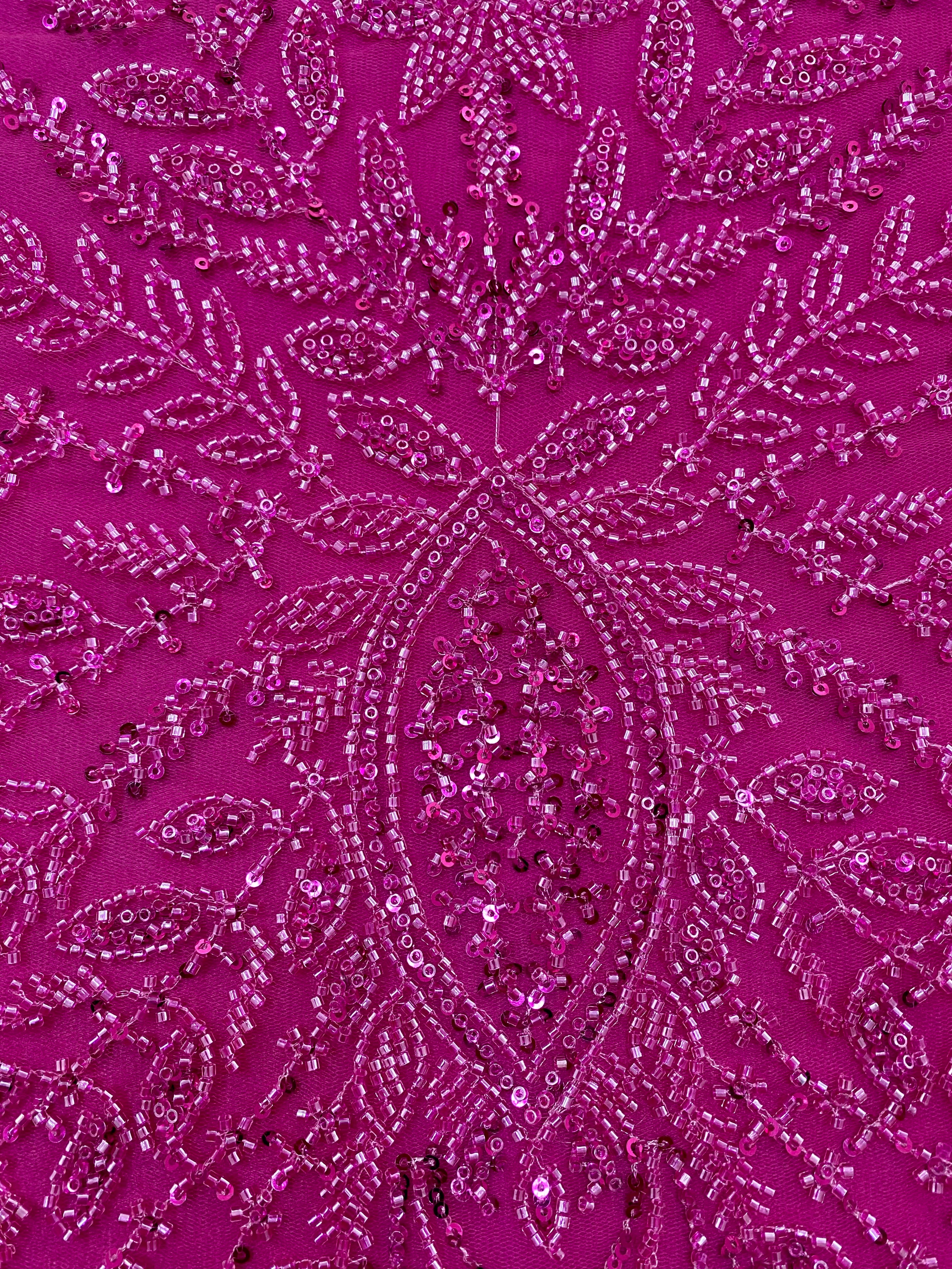 Fuchsia Couture Lace with Symmetrical Pattern, Beads and Sequins 