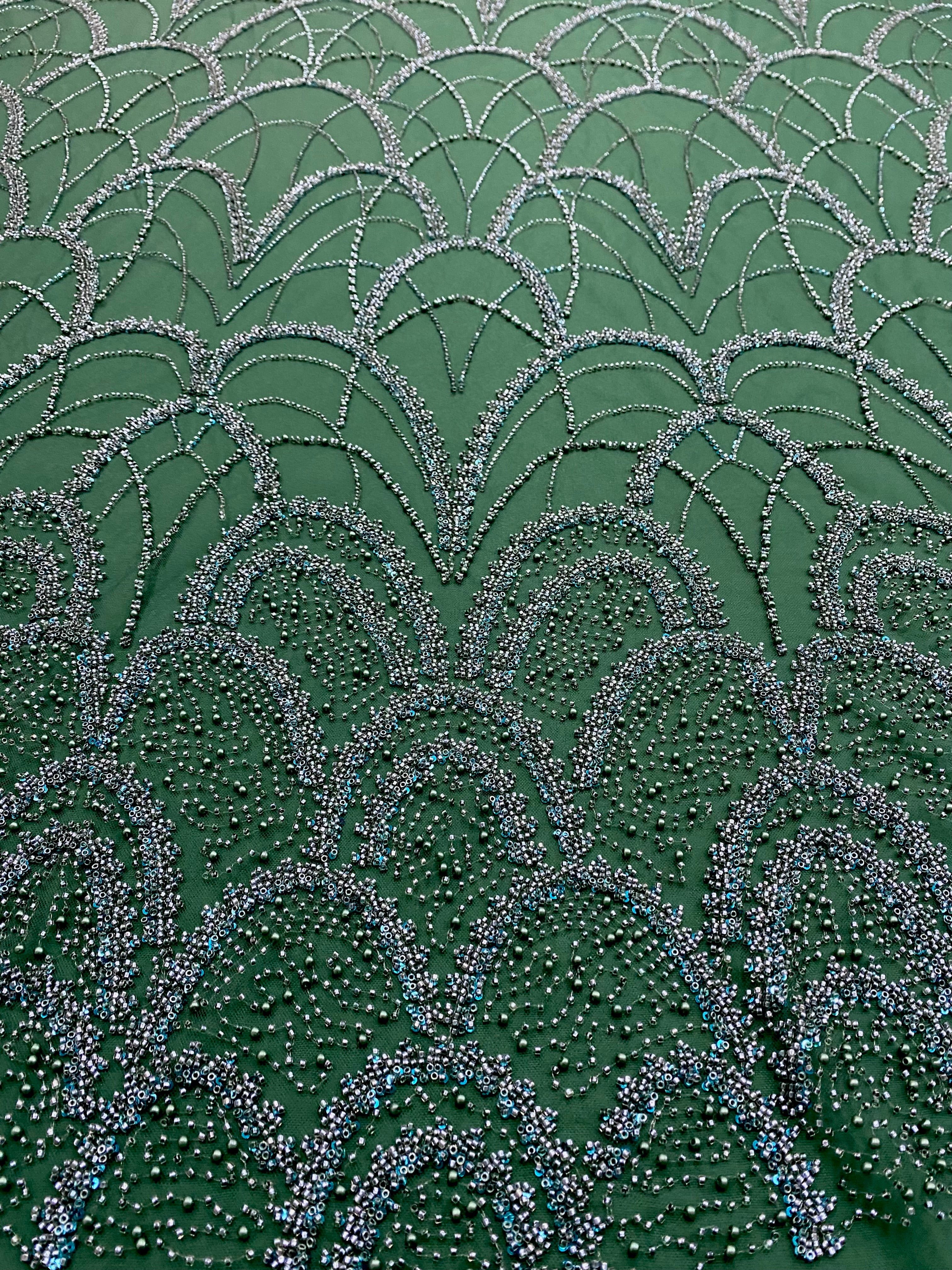 Emerald Green Couture Lace with Geometric Pattern, with Pearls, Beads and Sequins