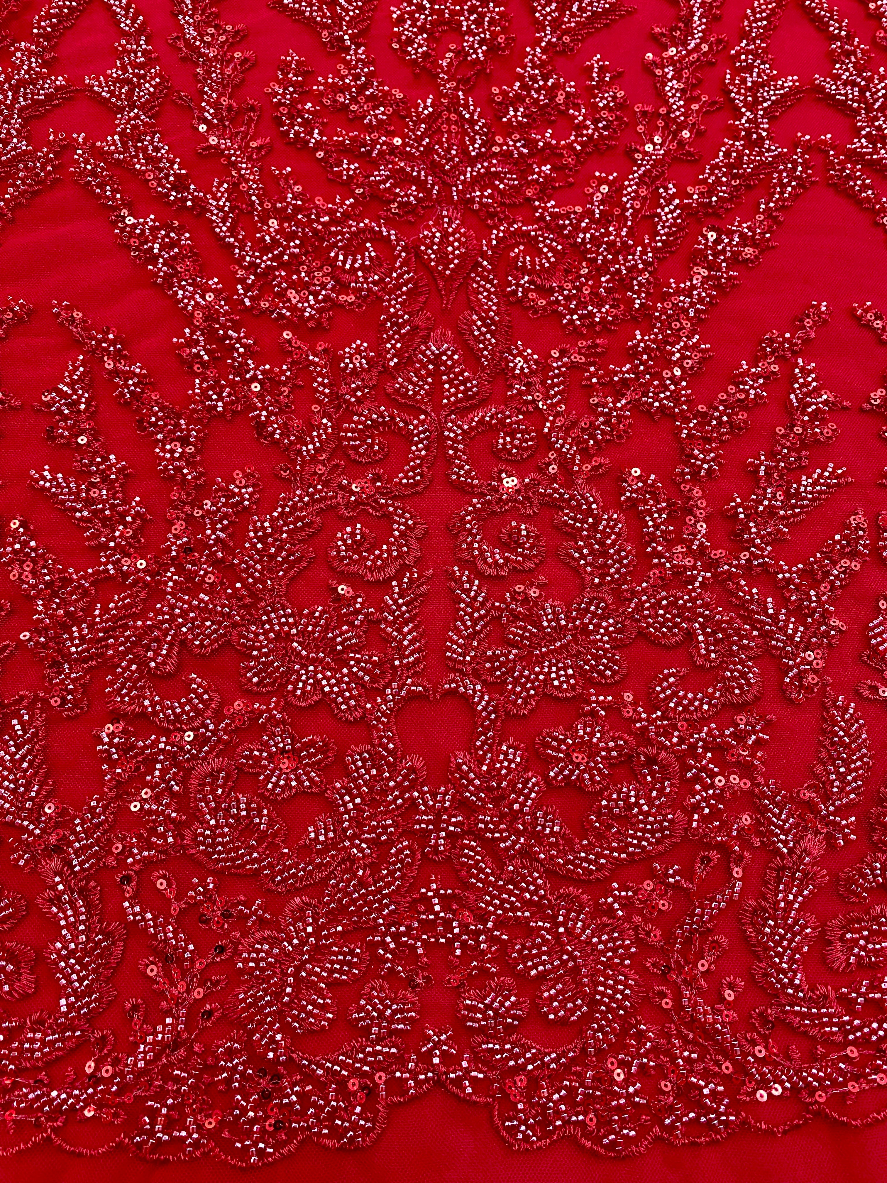 Red Couture Lace with Geometric Pattern, Beads and Sequins