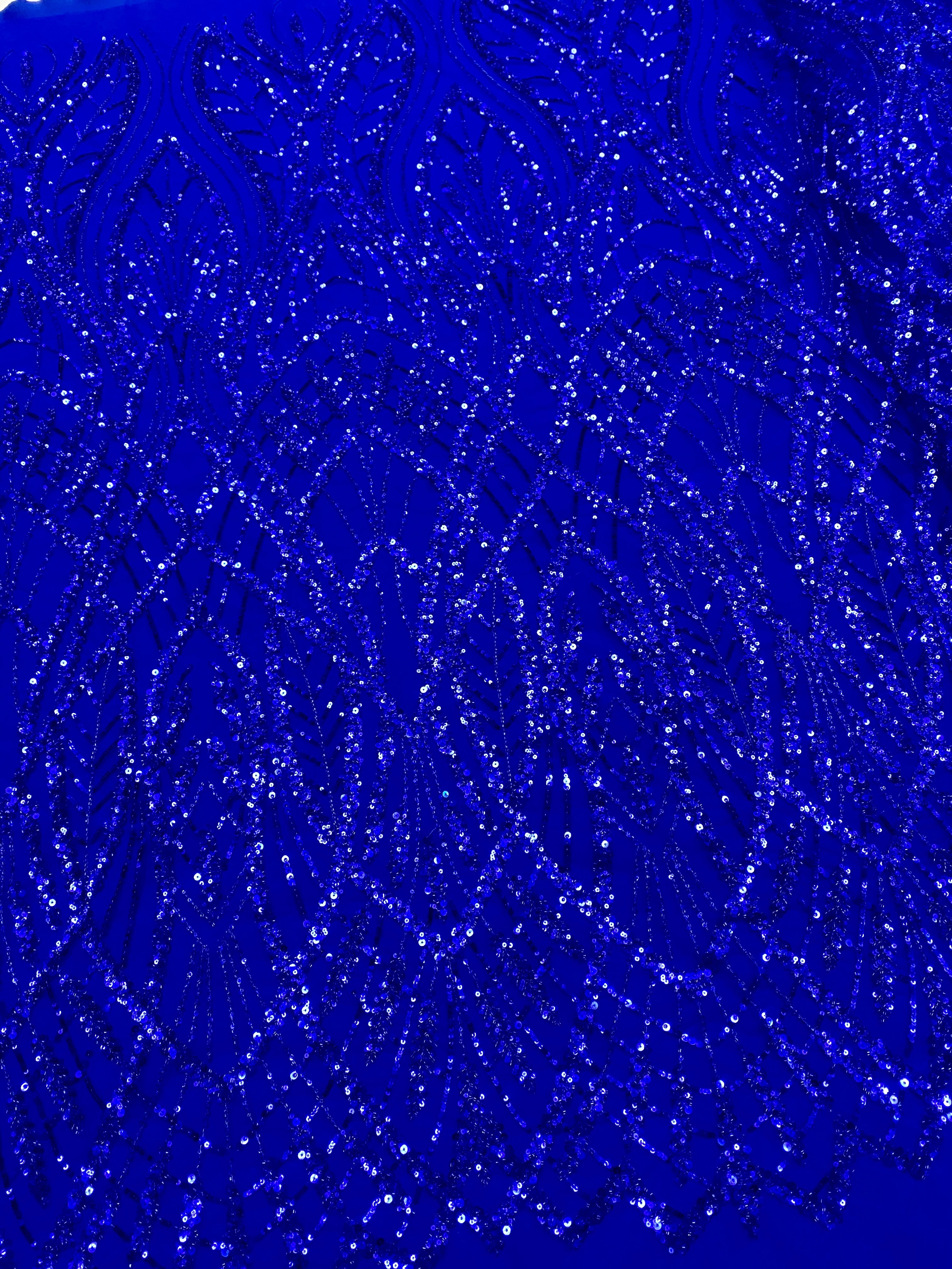 Dantela Couture Albastru Royal cu Model Geometric, cu Margele si Paiete