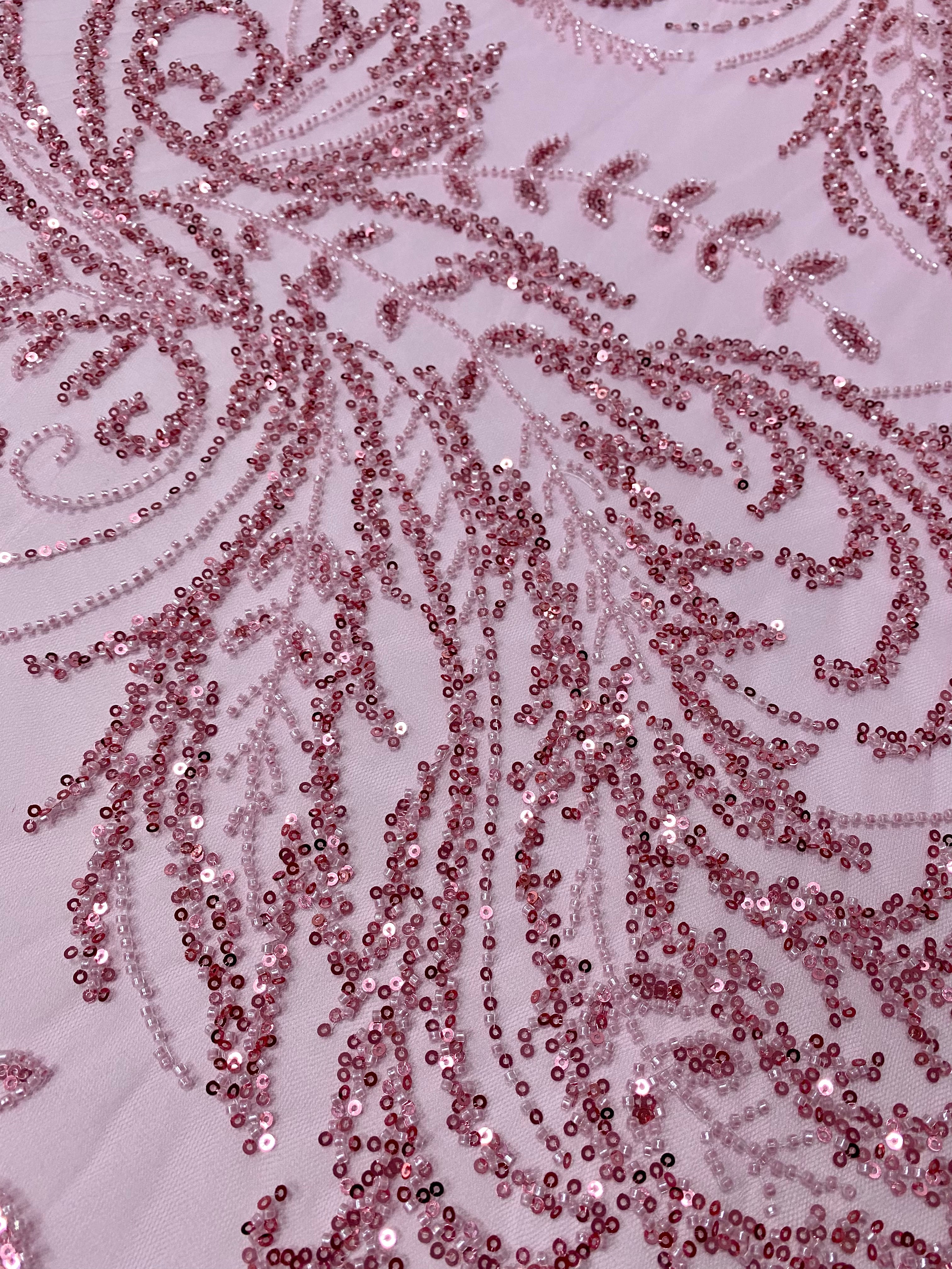 Pink Couture Lace with Floral Pattern, with Beads and Sequins