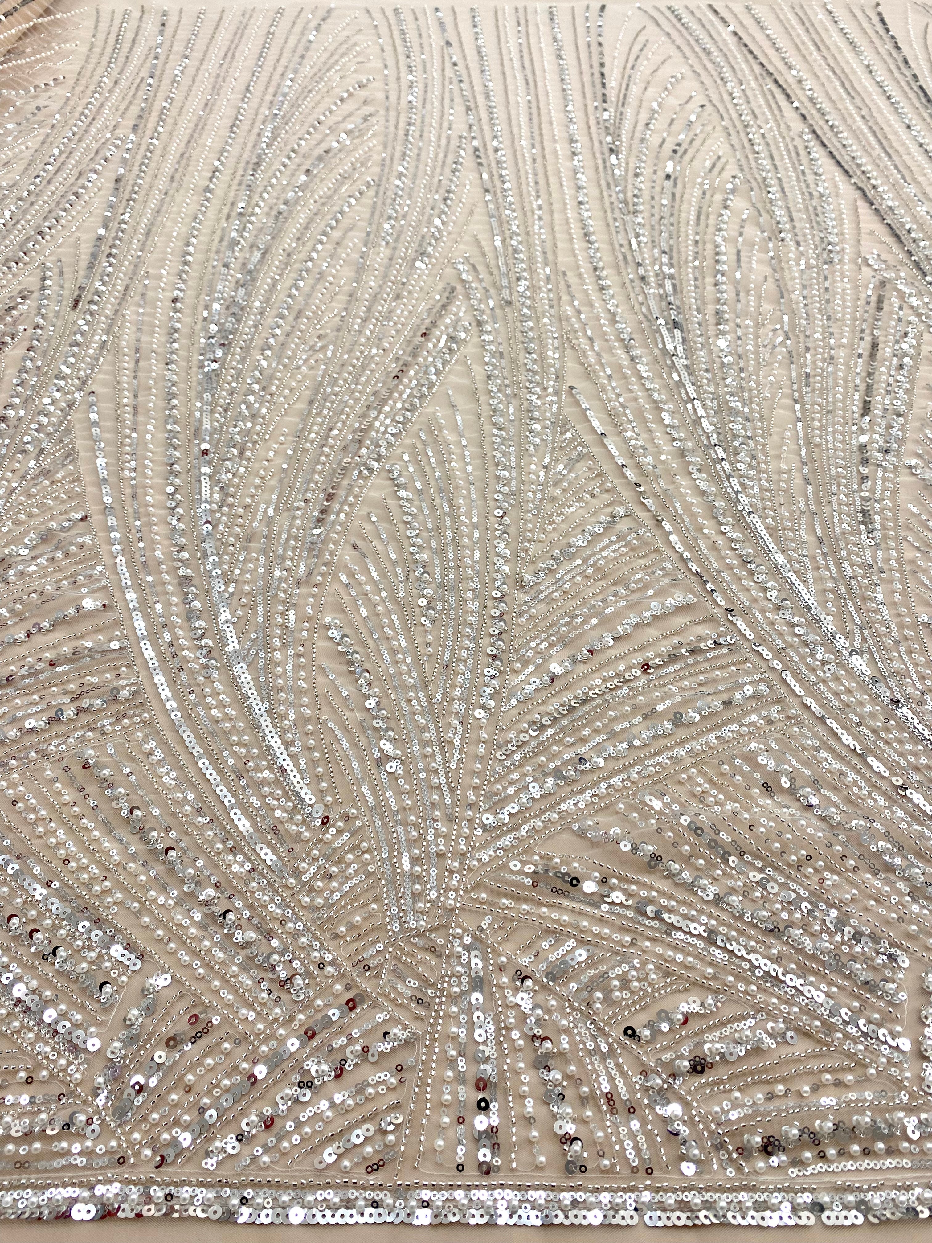 Silver Lace with Geometric Pattern, with Beads and Sequins