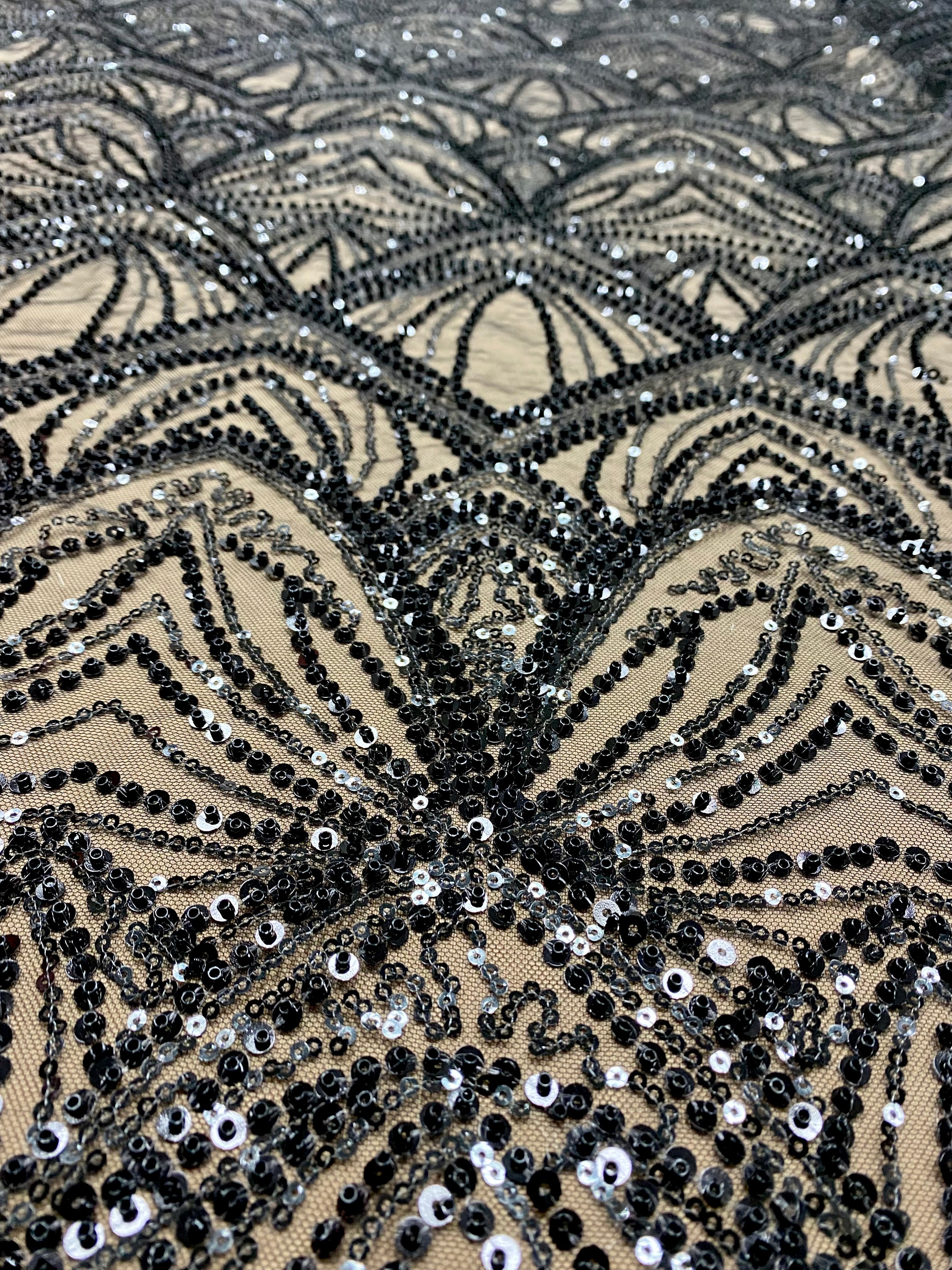 Silver Couture Lace on Blue Tulle, with Symmetrical Pattern, with Beads and Sequins 