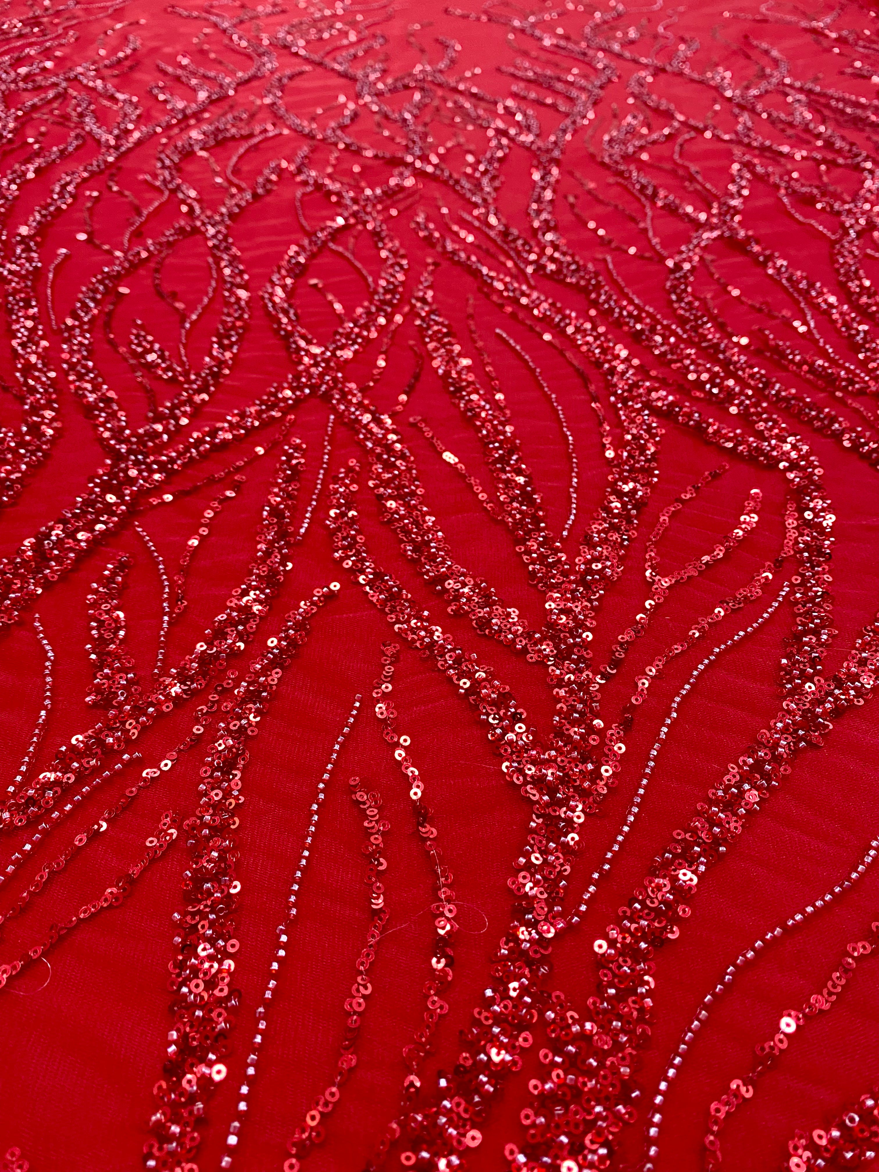 Red Couture Lace with Strings, Beads and Sequins