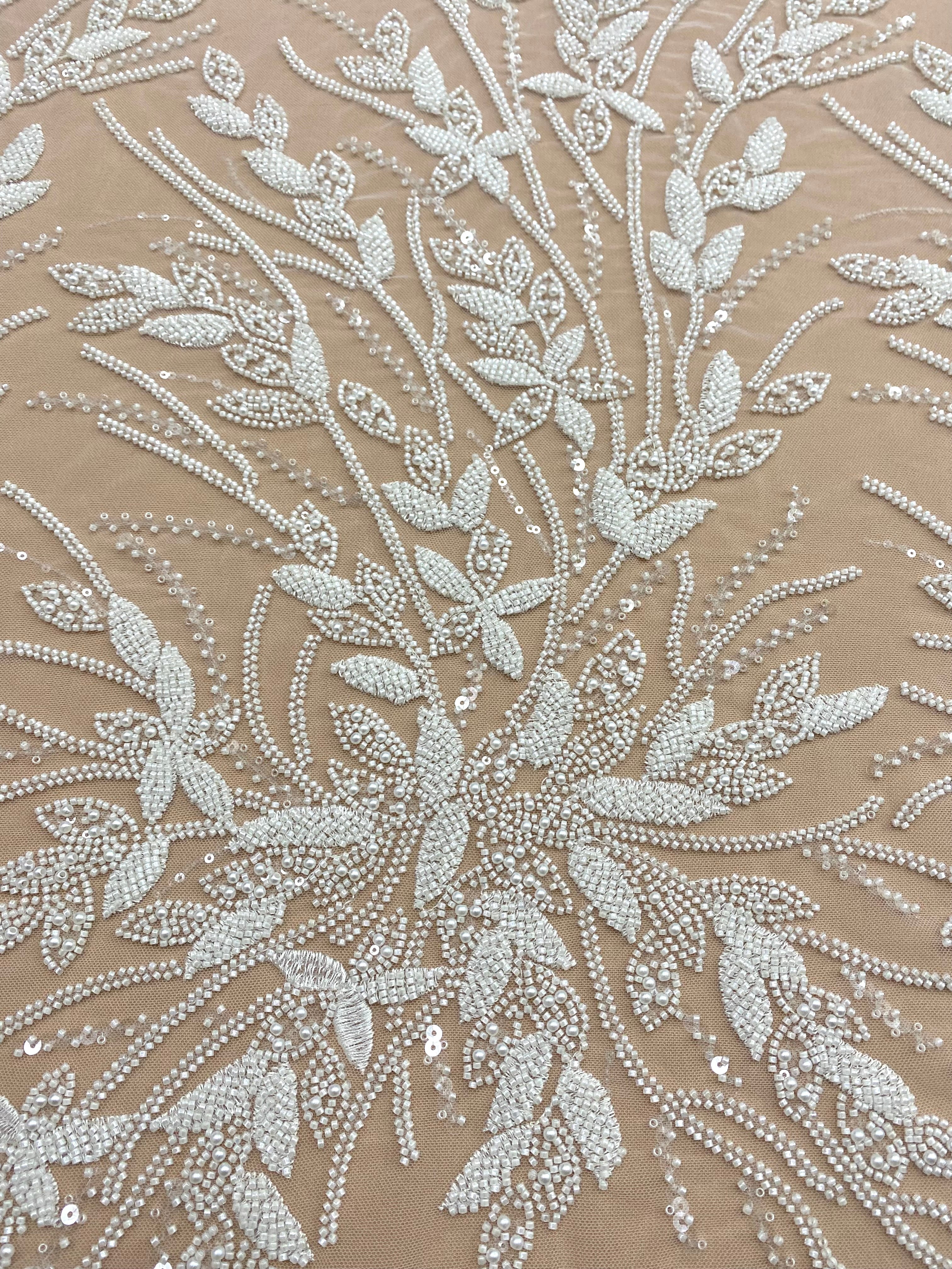 Ivory Couture Lace with Floral Pattern, Pearls, Beads and Sequins