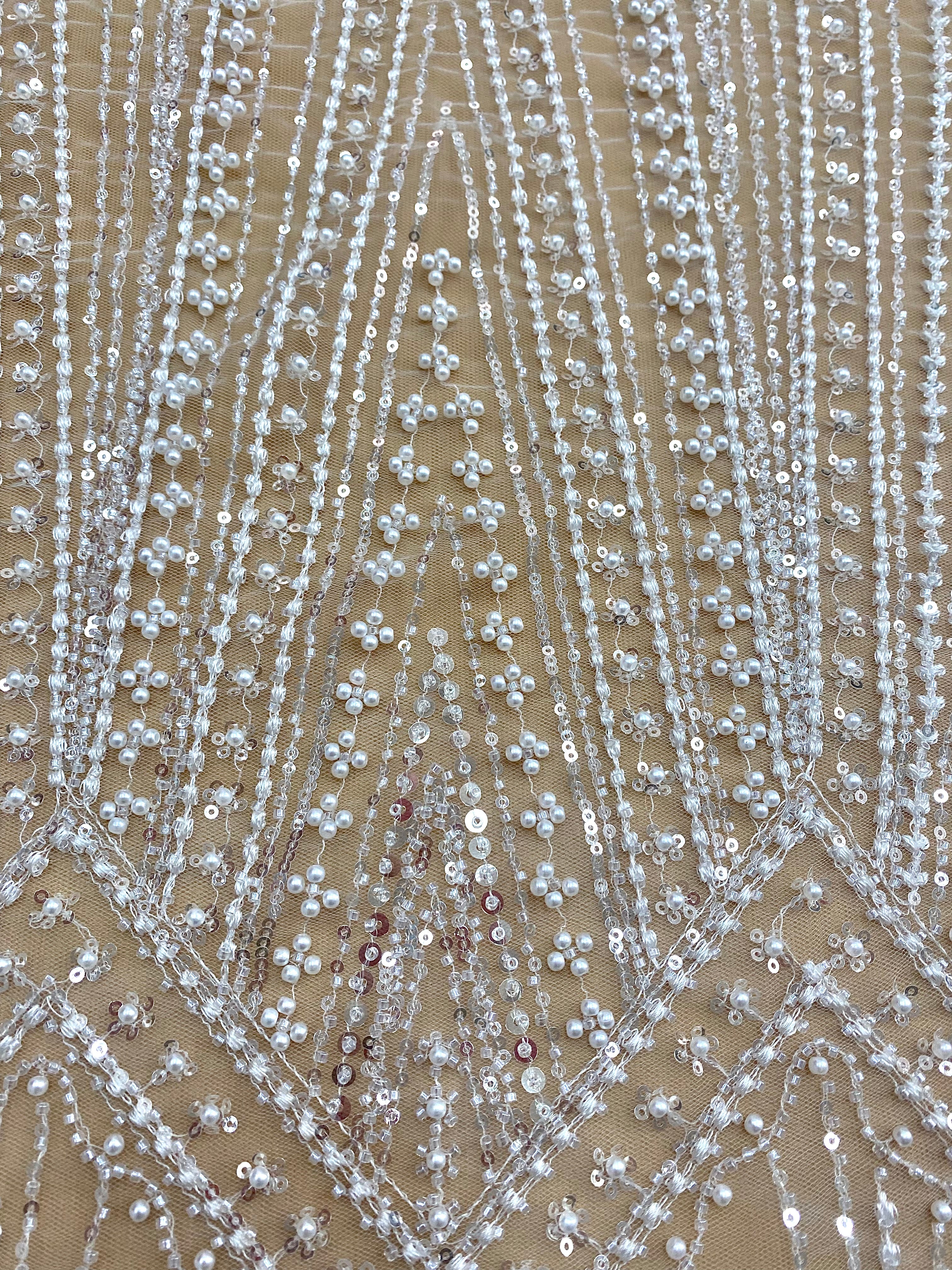 Silver Lace with Linear Pattern, with Pearls and Sequins