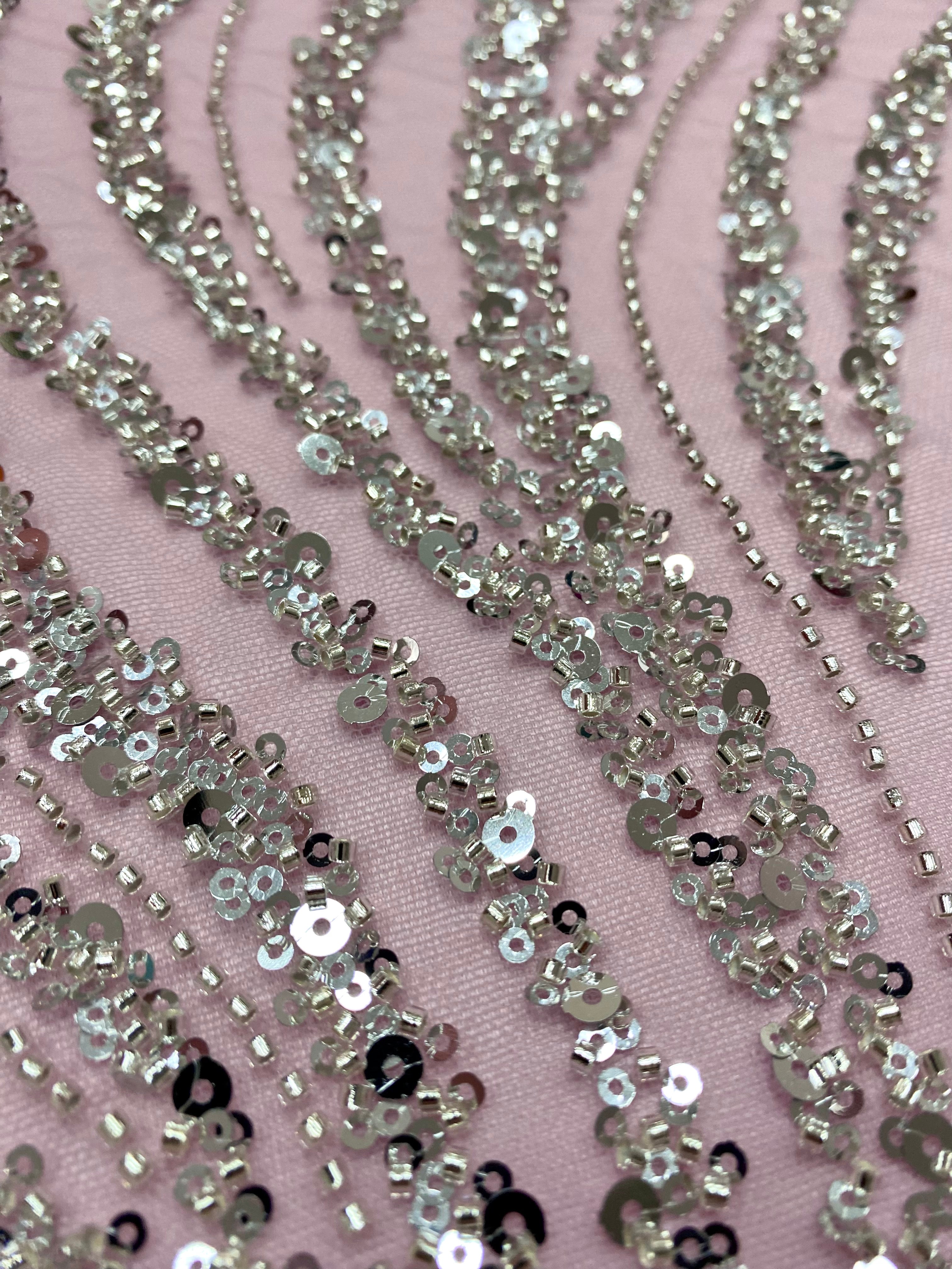Silver Lace with Linear Pattern, with Pearls and Sequins