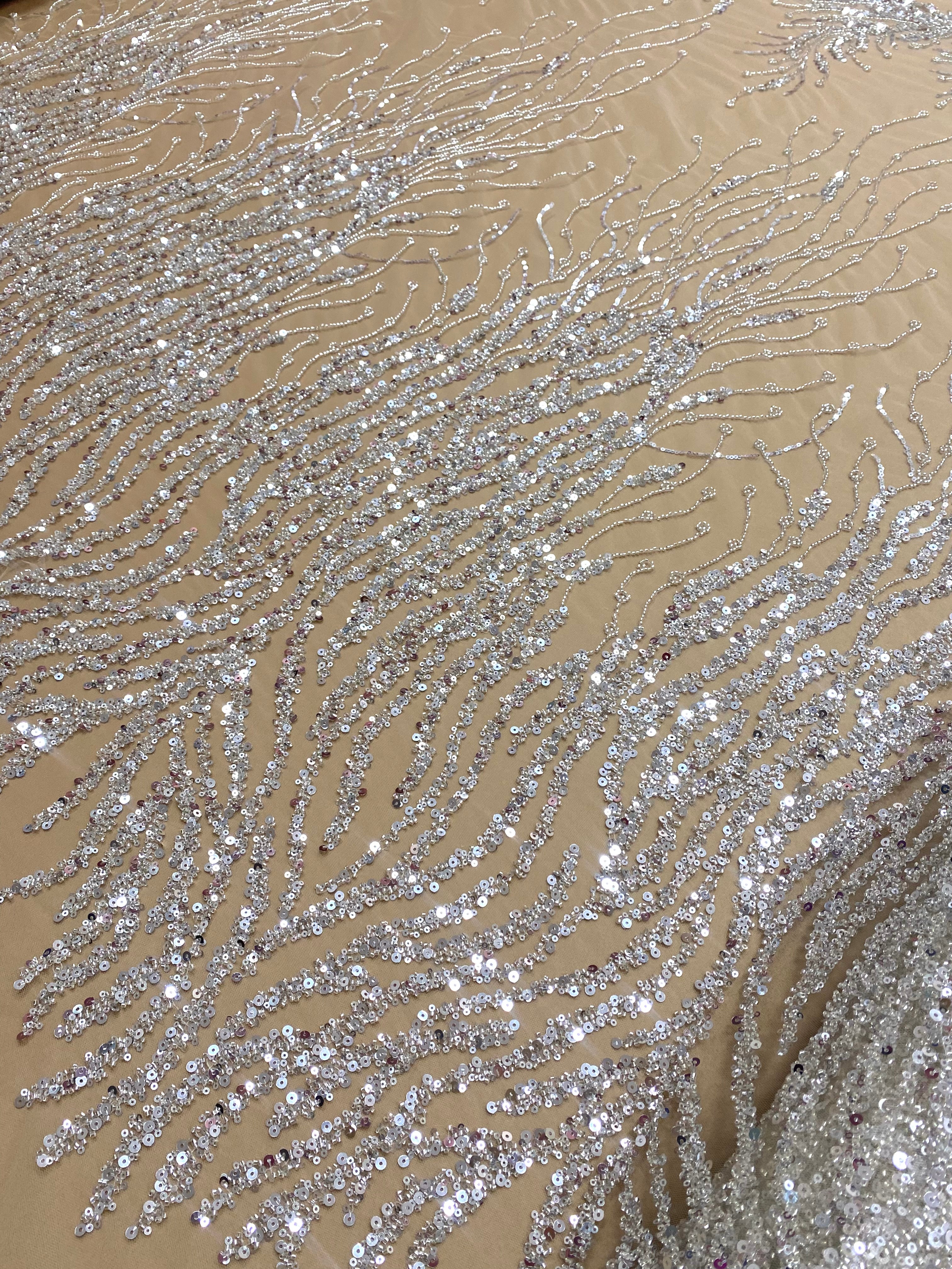 Silver Lace with Linear Pattern, with Pearls and Sequins
