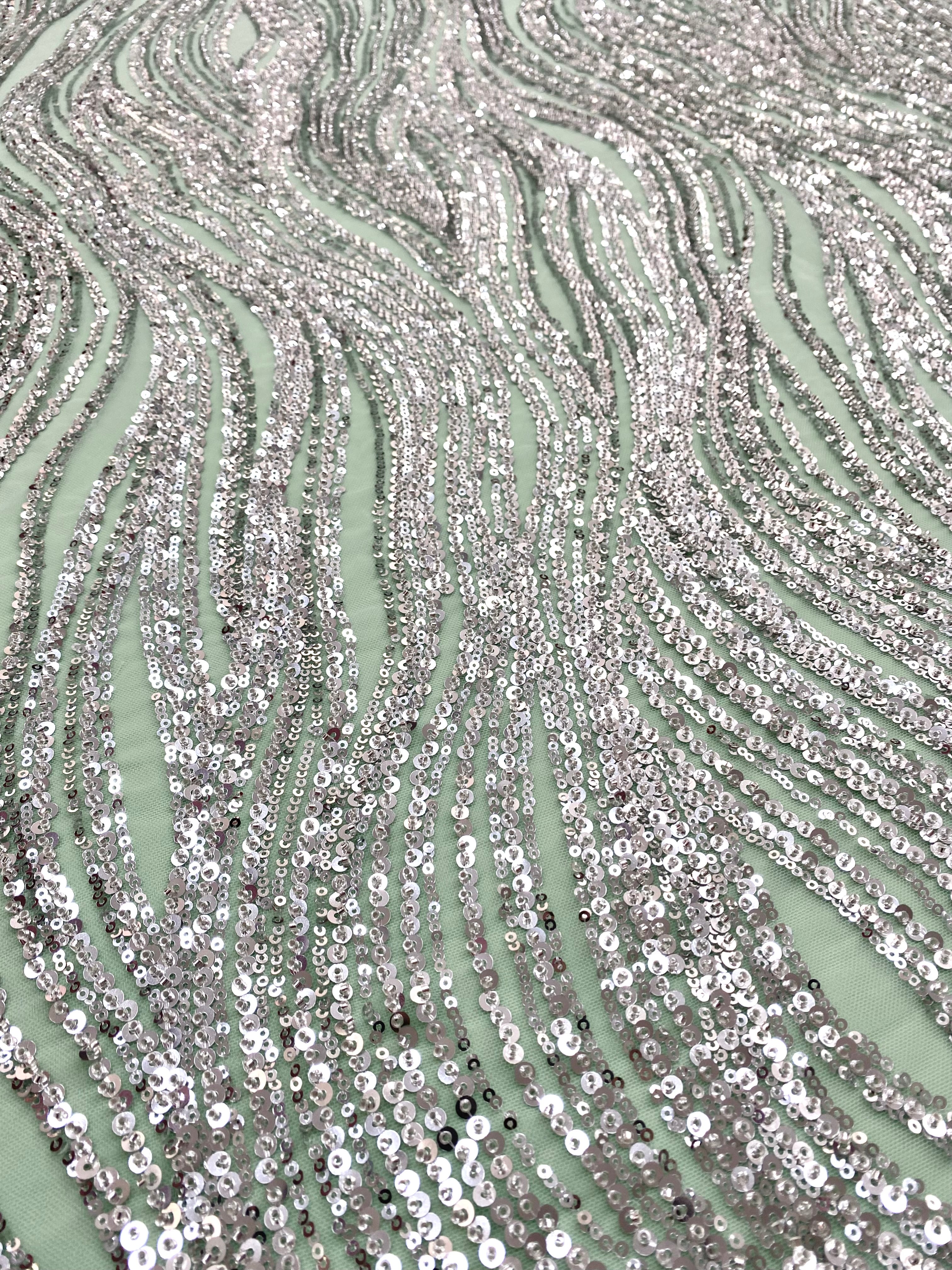 Silver Couture Lace on Mint Green Tulle with Linear Pattern, Beads and Sequins