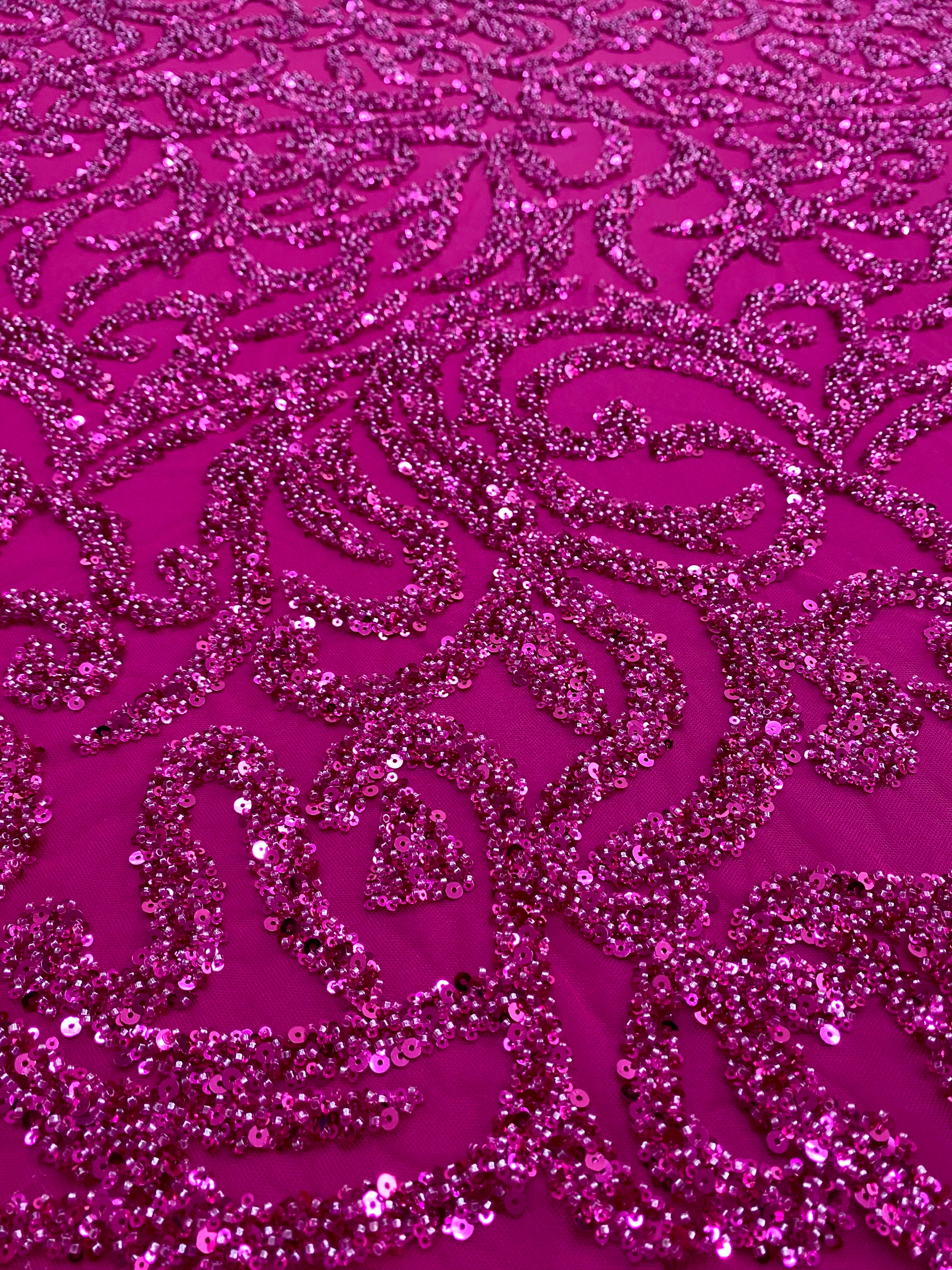 Dantela Couture Fucsia cu Model Geometric, cu Margele si Paiete