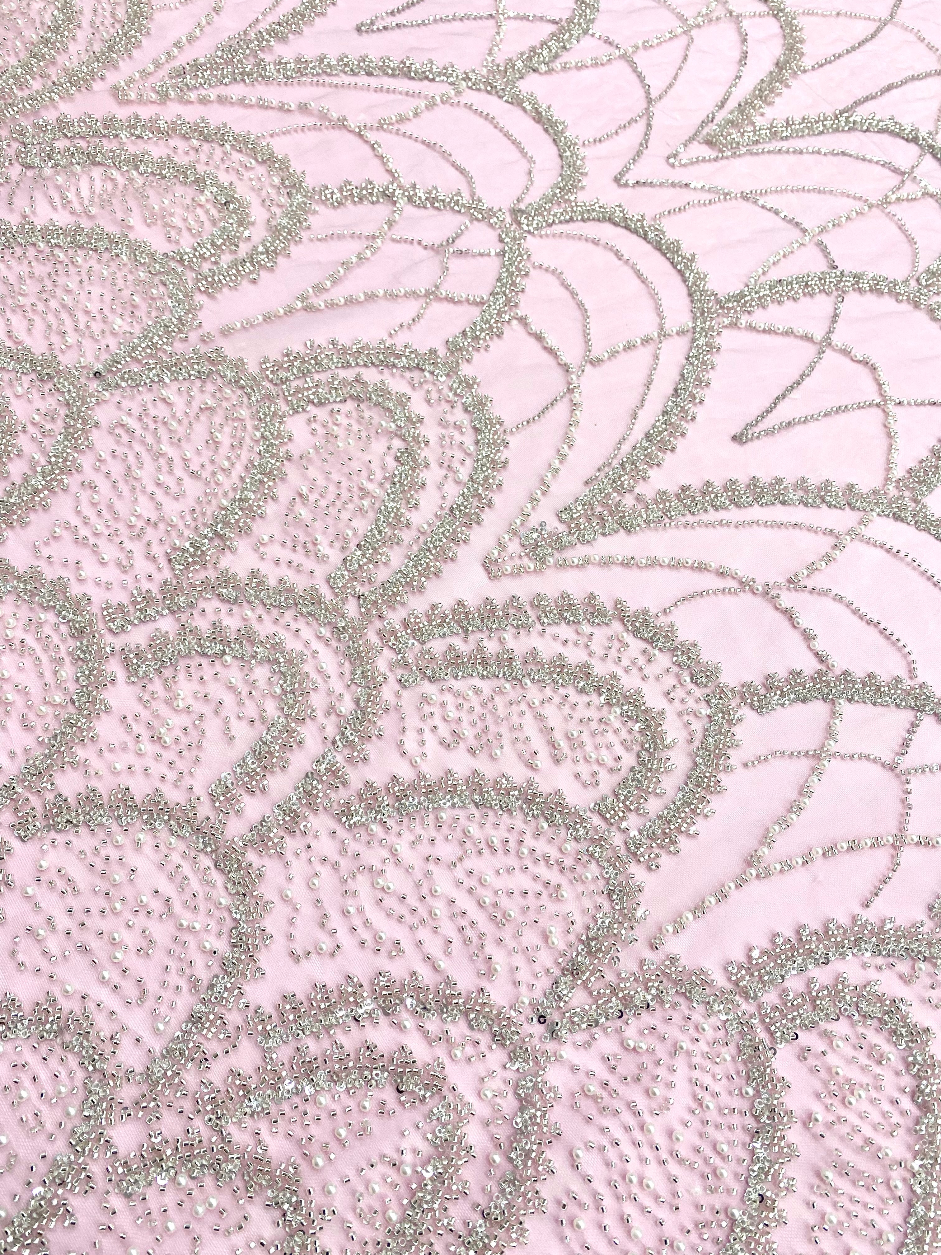 Silver Couture Lace on Pink Tulle with Geometric Pattern, with Pearls, Beads and Sequins