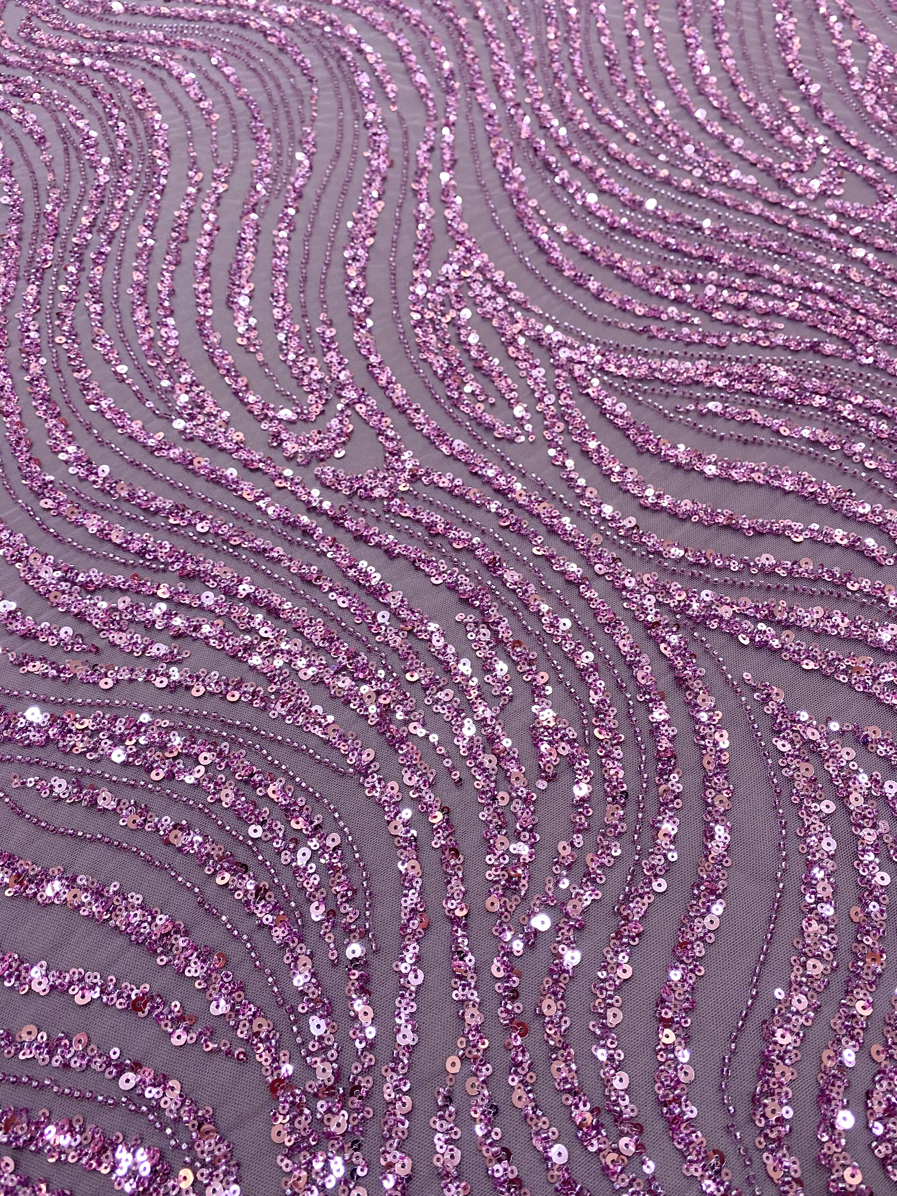 Powder Couture Lace with Linear Pattern, with Beads and Sequins
