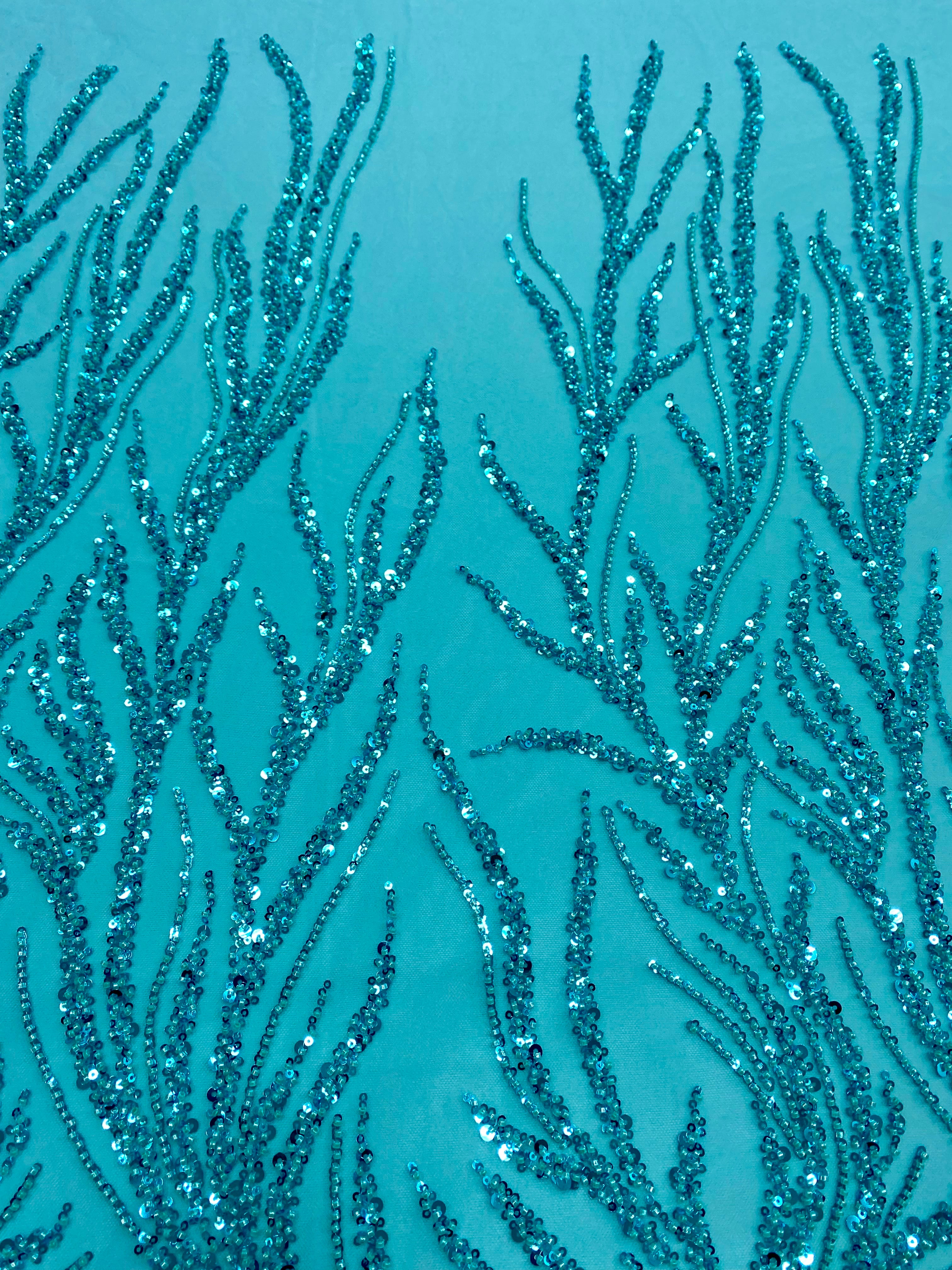 Turquoise Lace with Linear Pattern, with Beads and Sequins